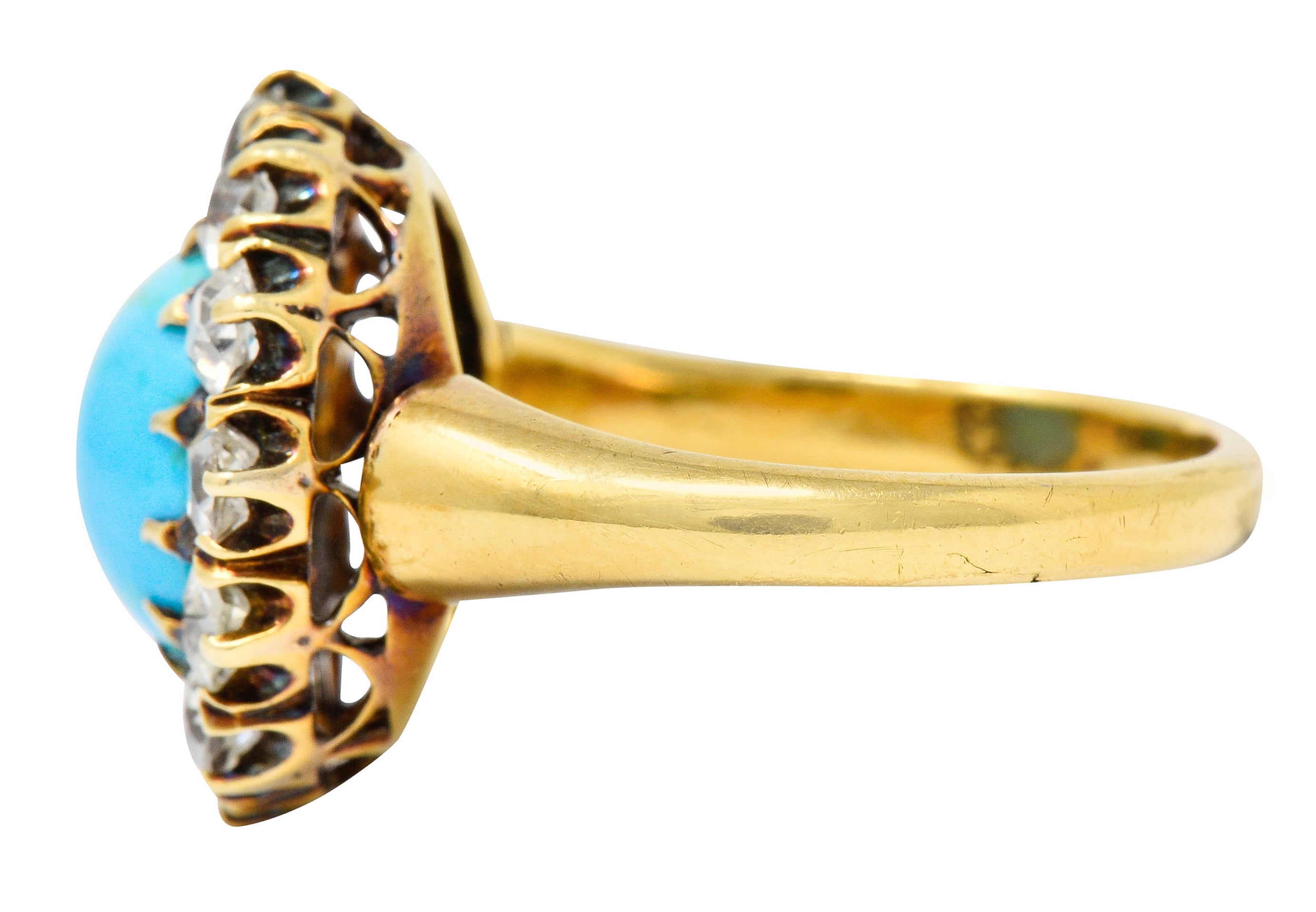 Victorian 1.80 CTW Diamond Turquoise Cabochon 18 Karat Gold Cluster Ring - Wilson's Estate Jewelry