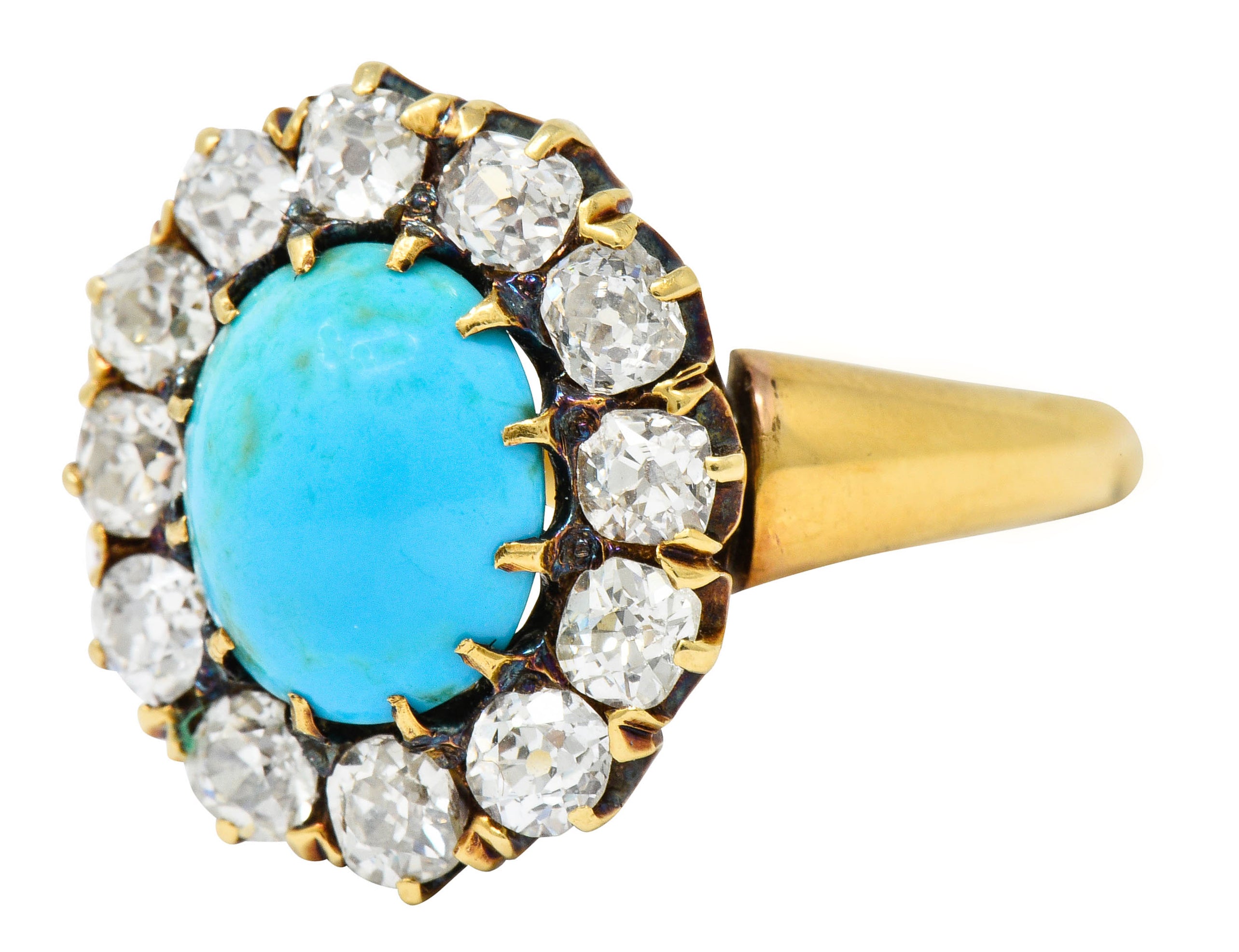Victorian 1.80 CTW Diamond Turquoise Cabochon 18 Karat Gold Cluster Ring - Wilson's Estate Jewelry