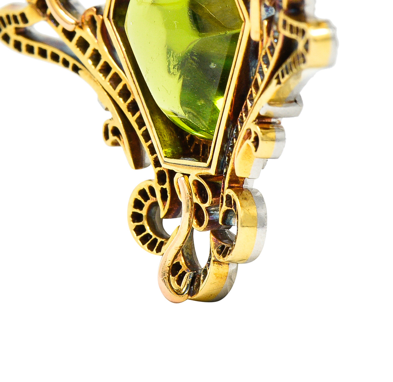 Belle Époque 10.00 CTW Peridot Diamond Platinum-Topped 18 Karat Yellow Gold Antique Pendant Brooch Wilson's Estate Jewelry