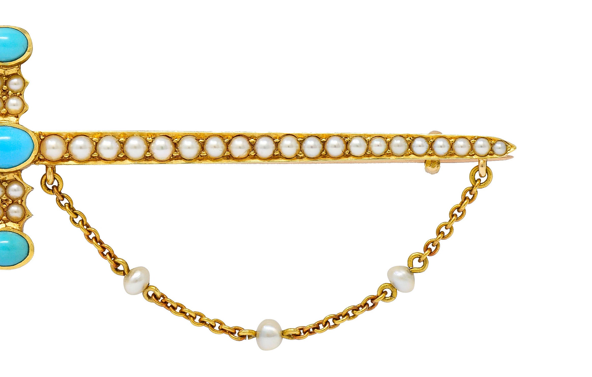 Victorian Natural Freshwater Pearl Turquoise 18 Karat Gold Sword Brooch Circa 1890Brooch - Wilson's Estate Jewelry