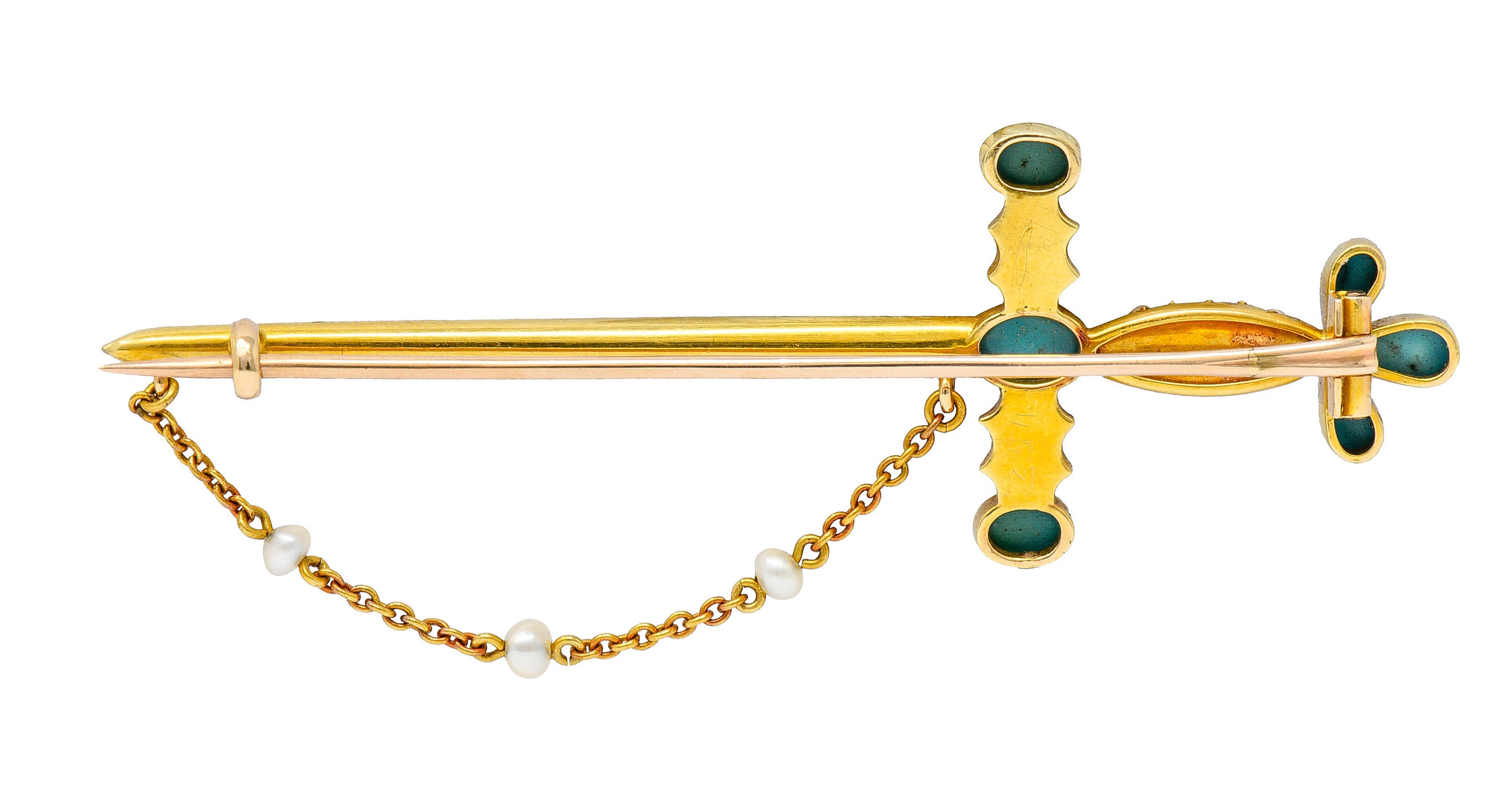 Victorian Natural Freshwater Pearl Turquoise 18 Karat Gold Sword Brooch Circa 1890Brooch - Wilson's Estate Jewelry