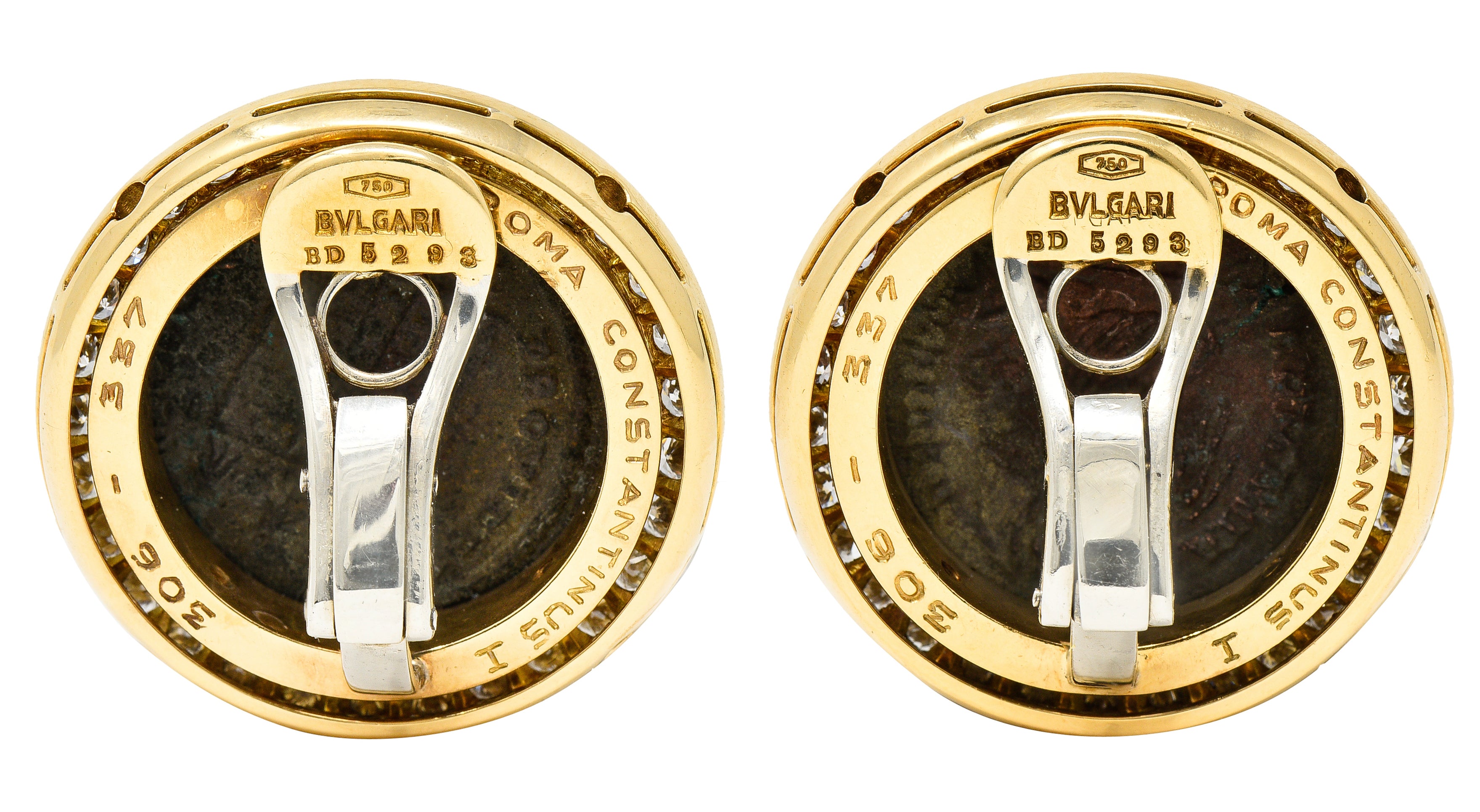 Bulgari 3.00 CTW Diamond Ancient Coin 18 Karat Gold Constantine Monete Ear-Clip Earrings Wilson's Antique & Estate Jewelry