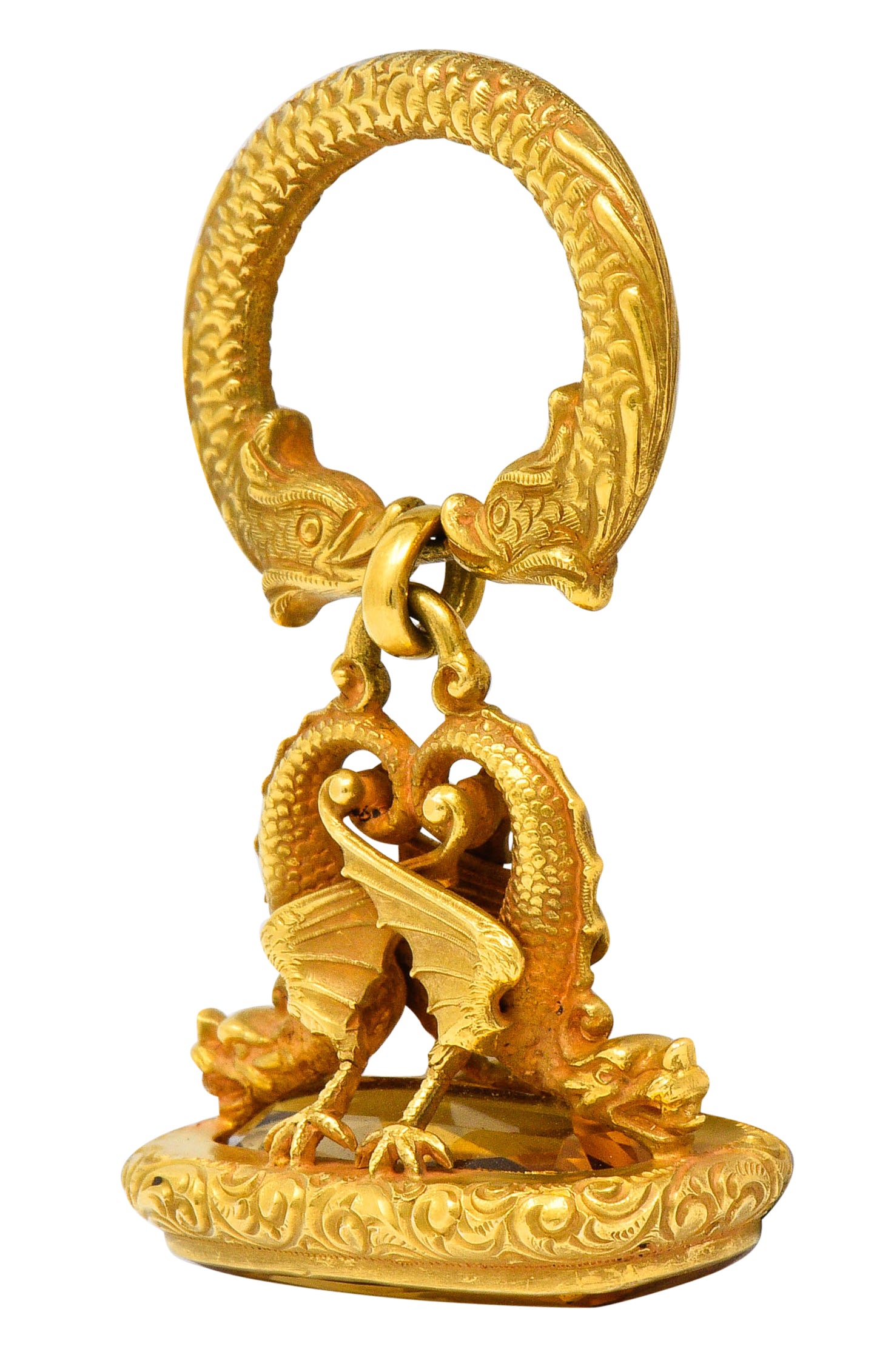 Art Nouveau Citrine 14 Karat Gold Sea Serpent Dragon Fob PendantNecklace - Wilson's Estate Jewelry