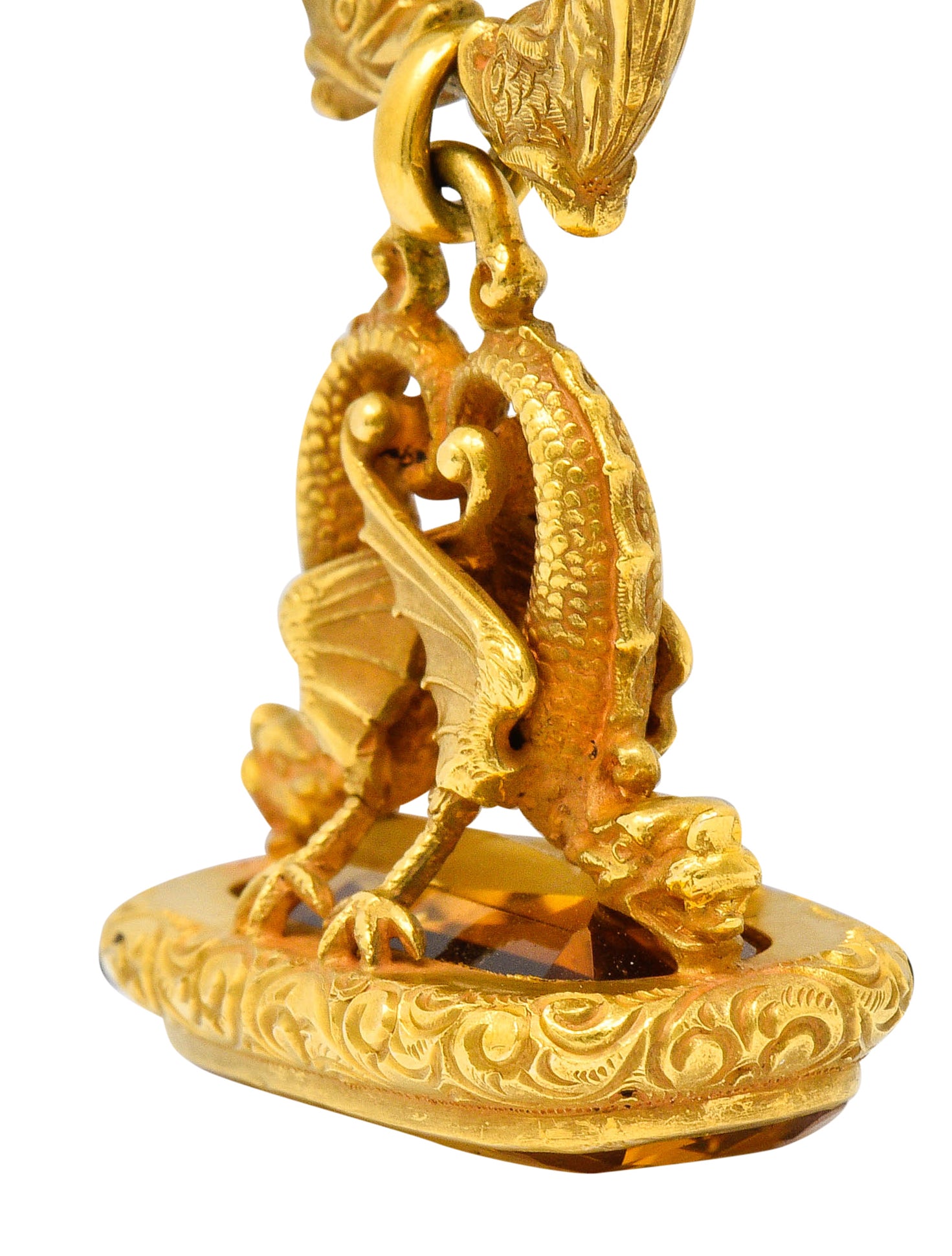 Art Nouveau Citrine 14 Karat Gold Sea Serpent Dragon Fob PendantNecklace - Wilson's Estate Jewelry