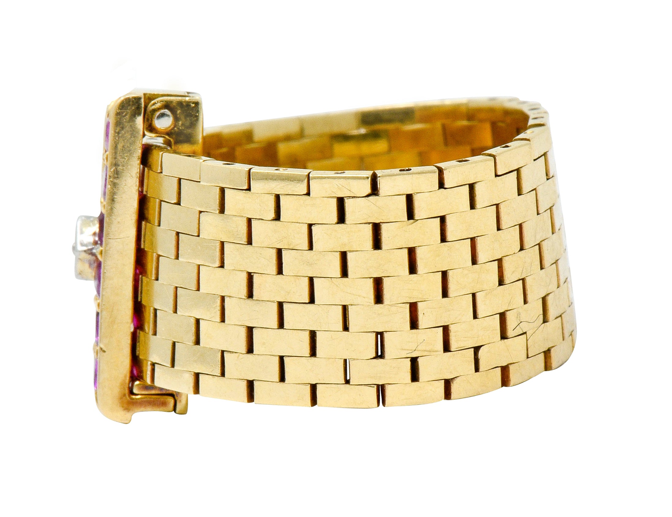 Bailey Banks & Biddle Retro 0.60 CTW Ruby Diamond 14 Karat Gold Buckle Ring - Wilson's Estate Jewelry