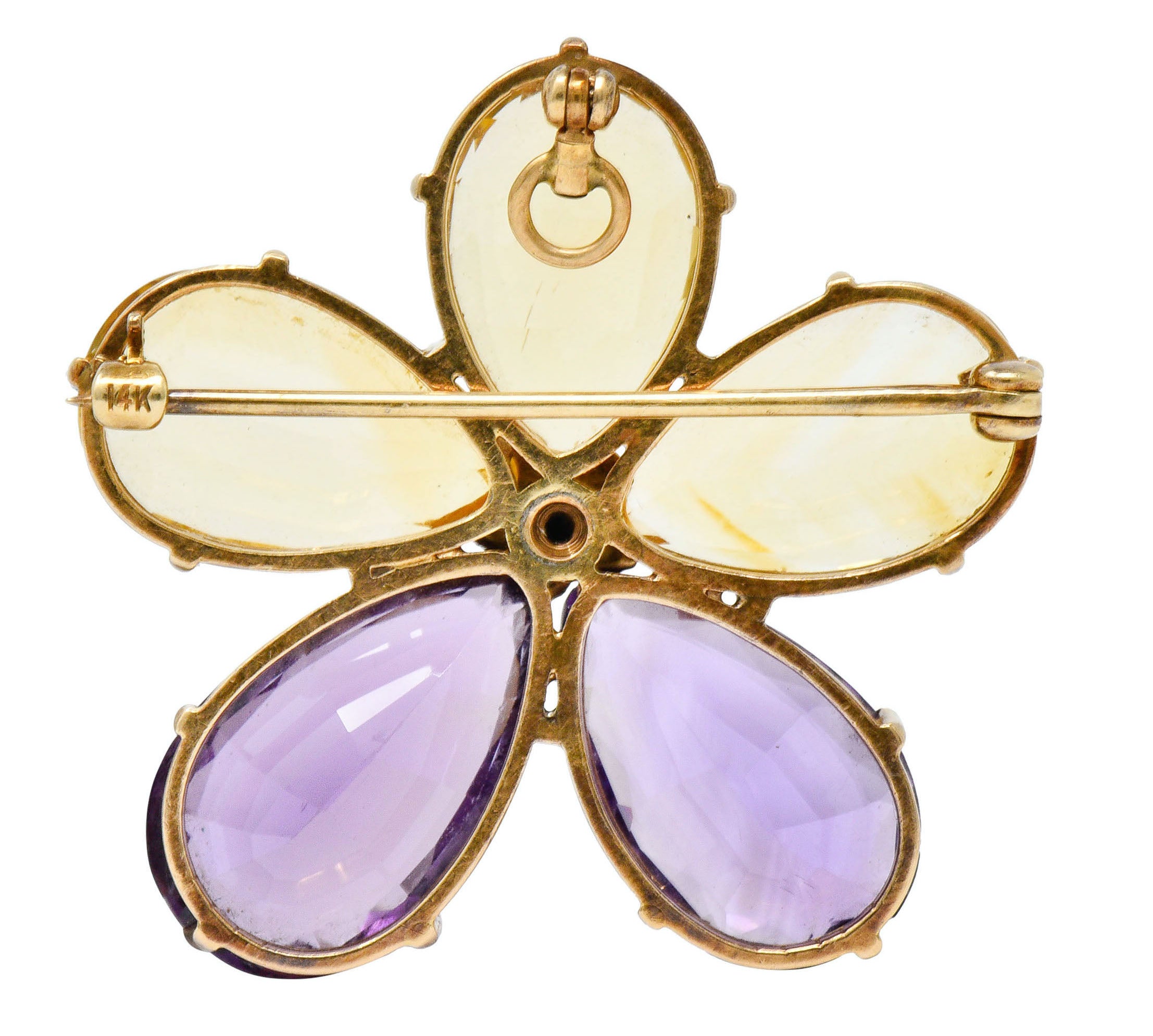 Art Nouveau Citrine Amethyst 14 Karat Rose Gold Flower Pendant BroochNecklace - Wilson's Estate Jewelry