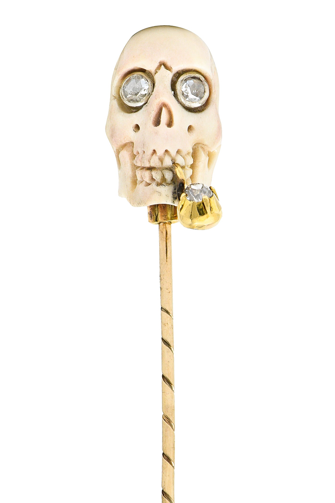 Vintage Bone Diamond 18 Karat Gold Smoking Skull StickpinStick Pin - Wilson's Estate Jewelry