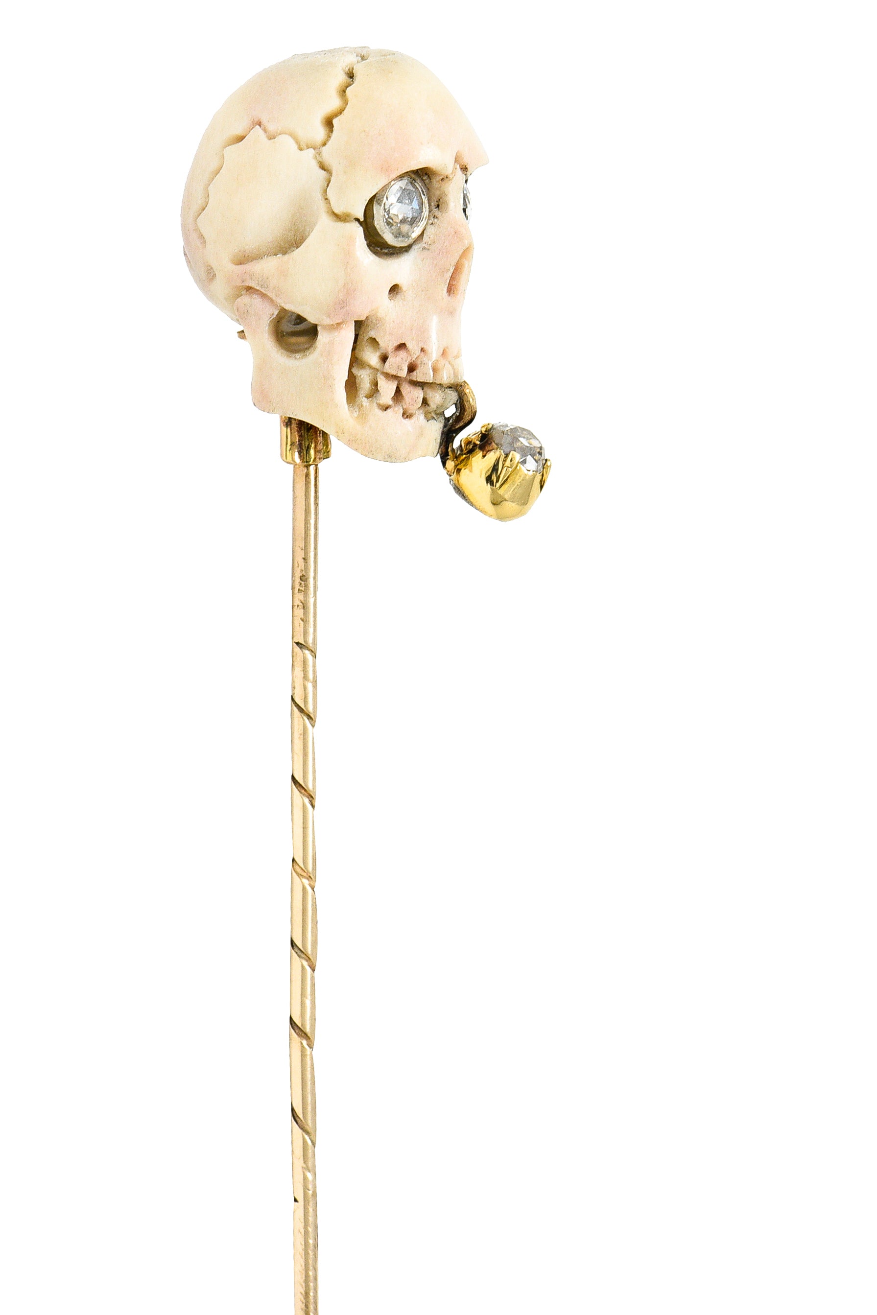 Vintage Bone Diamond 18 Karat Gold Smoking Skull StickpinStick Pin - Wilson's Estate Jewelry