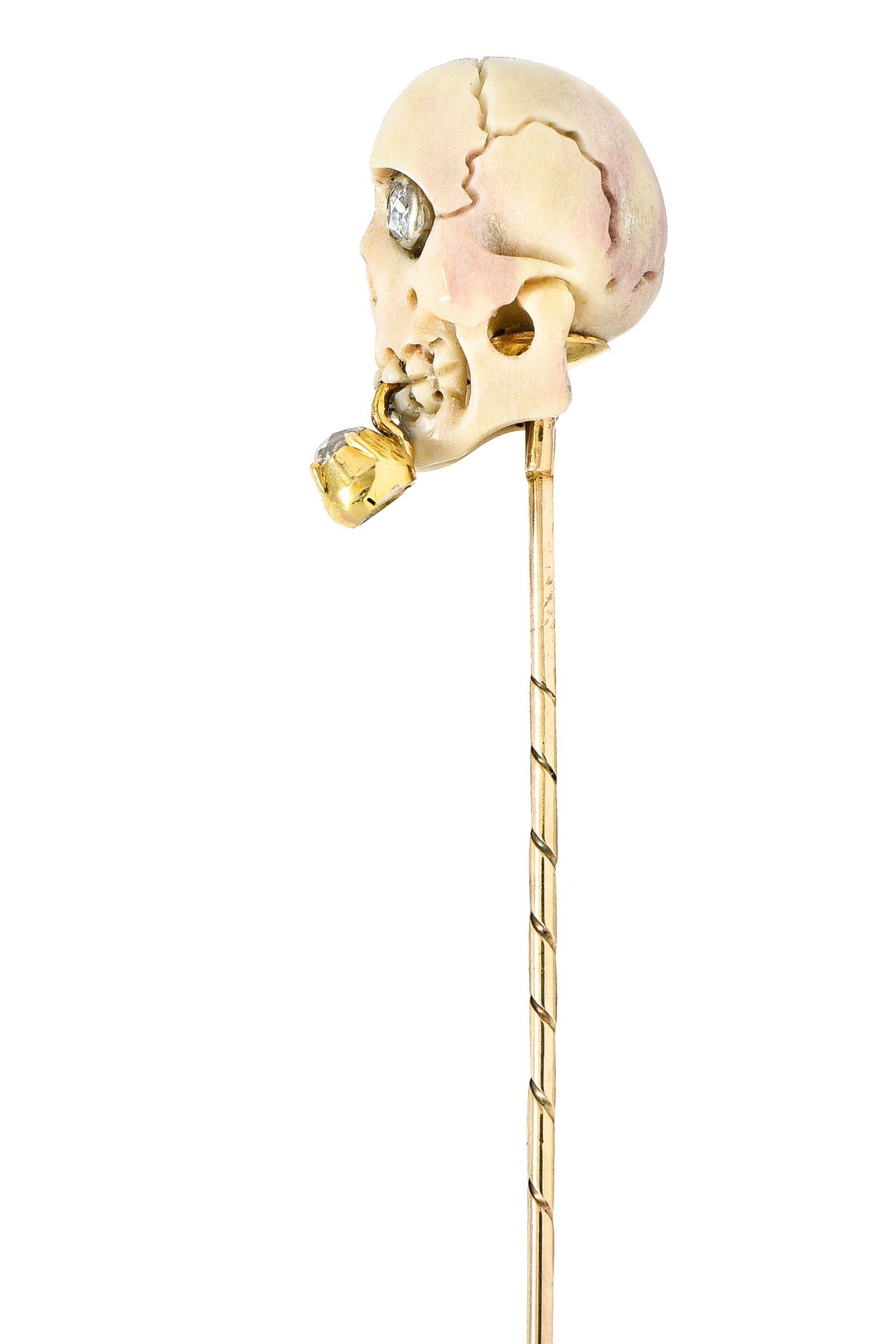 Vintage Bone Diamond 18 Karat Gold Smoking Skull StickpinStick Pin - Wilson's Estate Jewelry