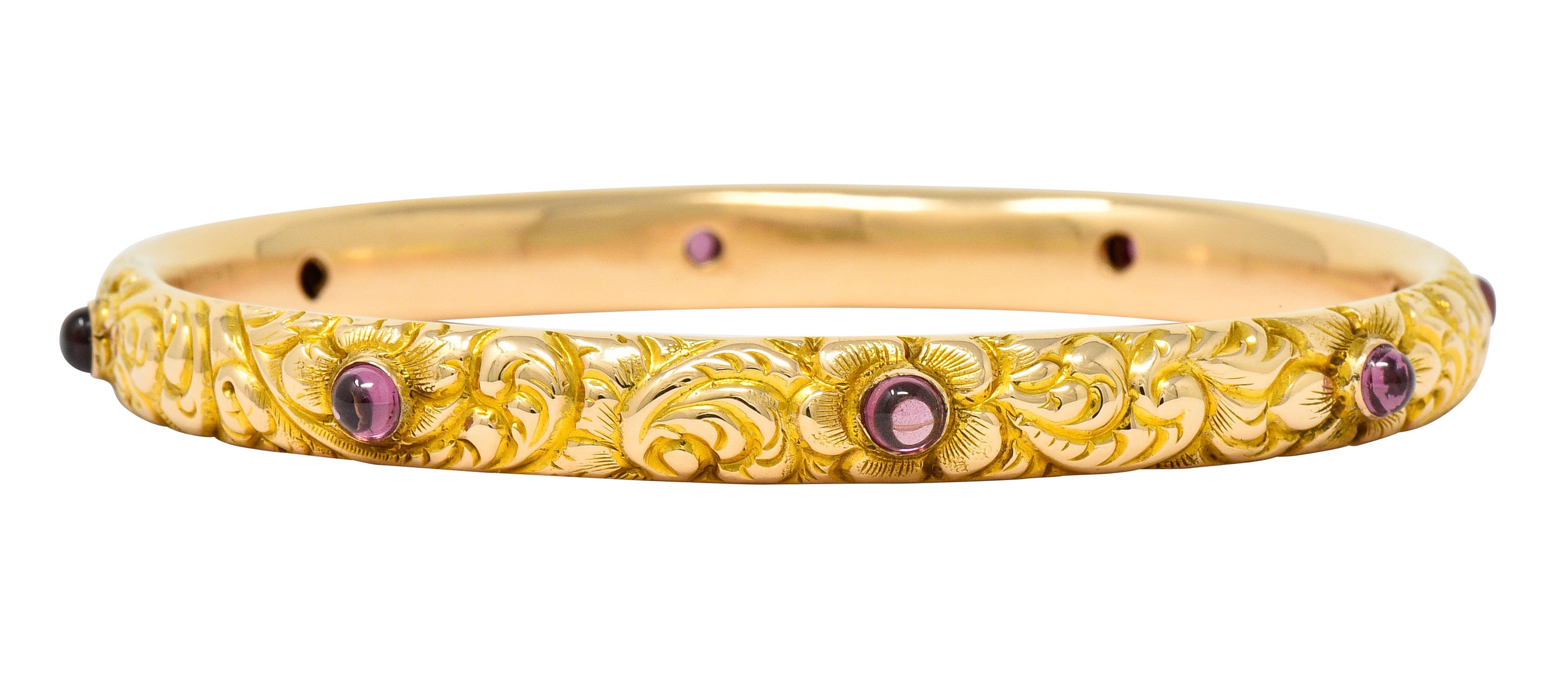 1900's Victorian Garnet Cabochon 14 Karat Gold Floral Foliate Bangle Bracelet - Wilson's Estate Jewelry