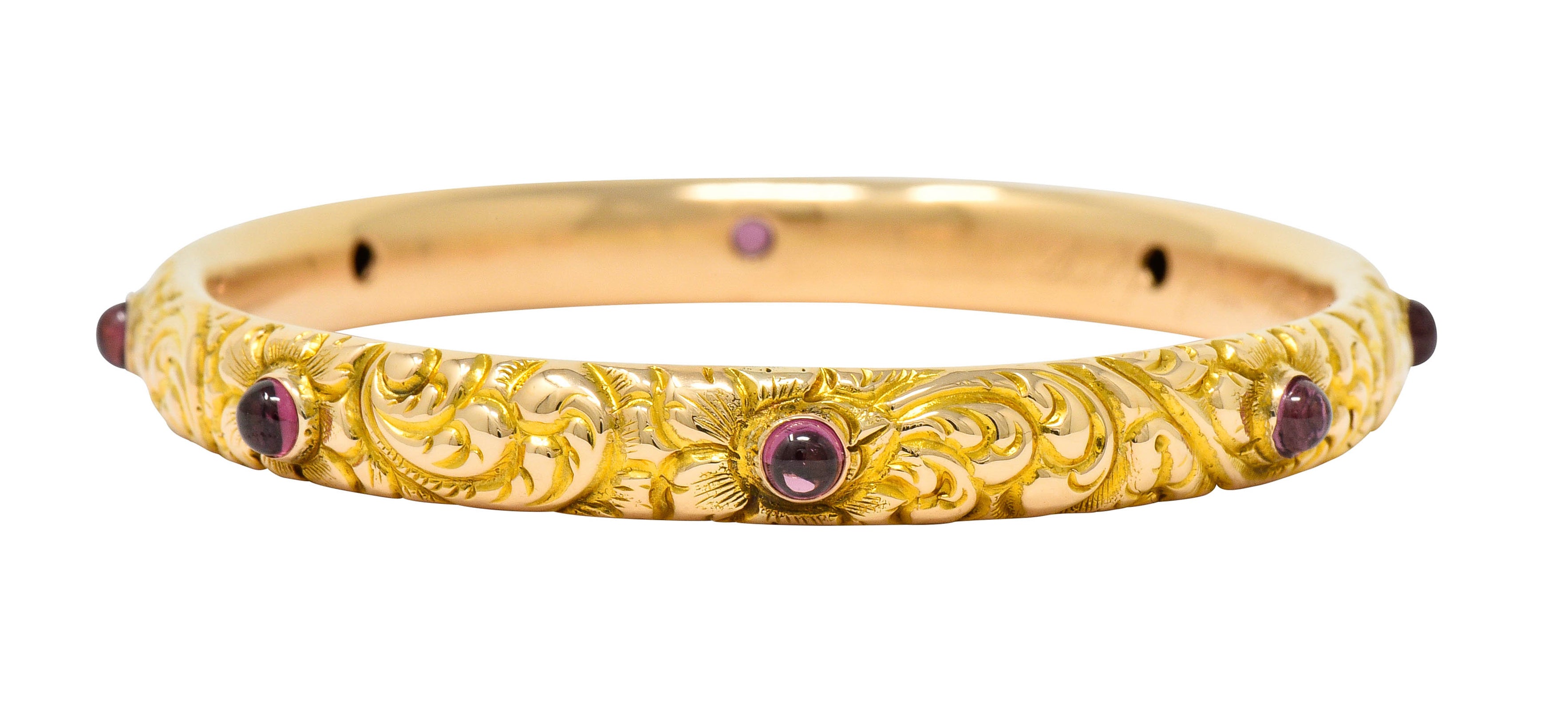 1900's Victorian Garnet Cabochon 14 Karat Gold Floral Foliate Bangle Bracelet - Wilson's Estate Jewelry