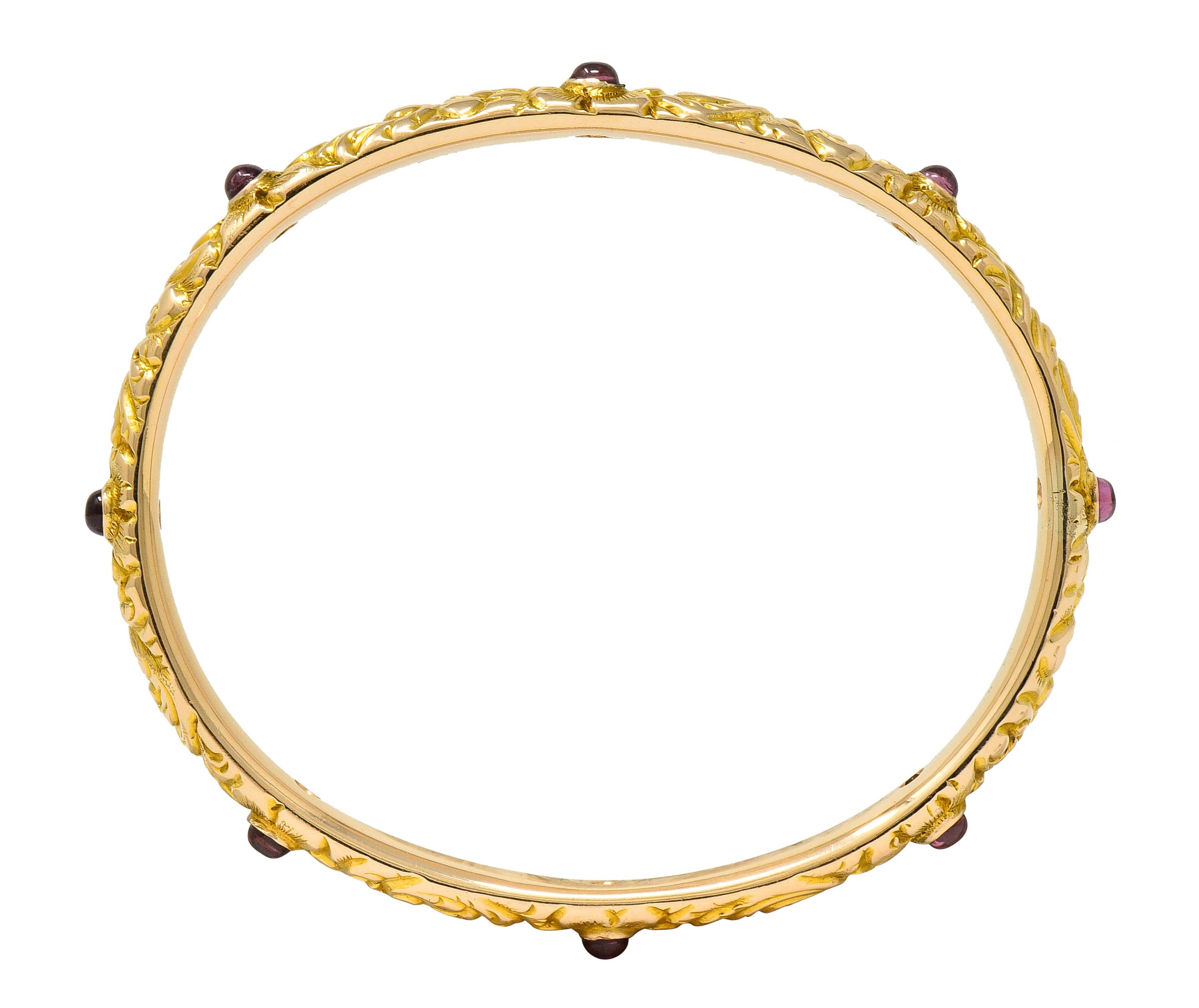 1900's Victorian Garnet Cabochon 14 Karat Gold Floral Foliate Bangle Bracelet - Wilson's Estate Jewelry