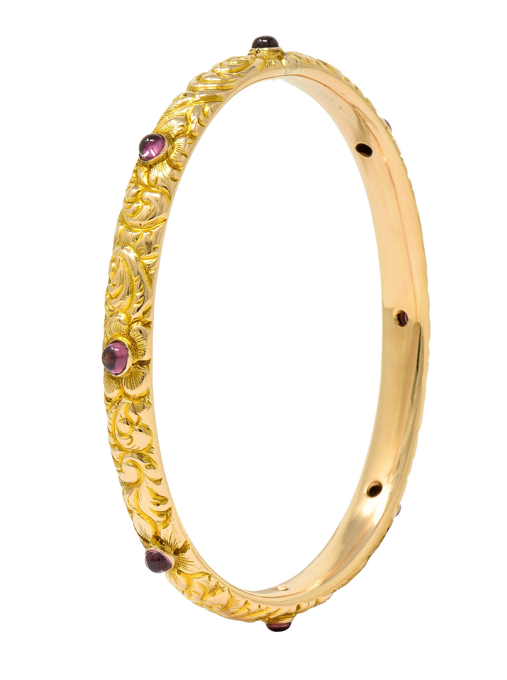 1900's Victorian Garnet Cabochon 14 Karat Gold Floral Foliate Bangle Bracelet - Wilson's Estate Jewelry