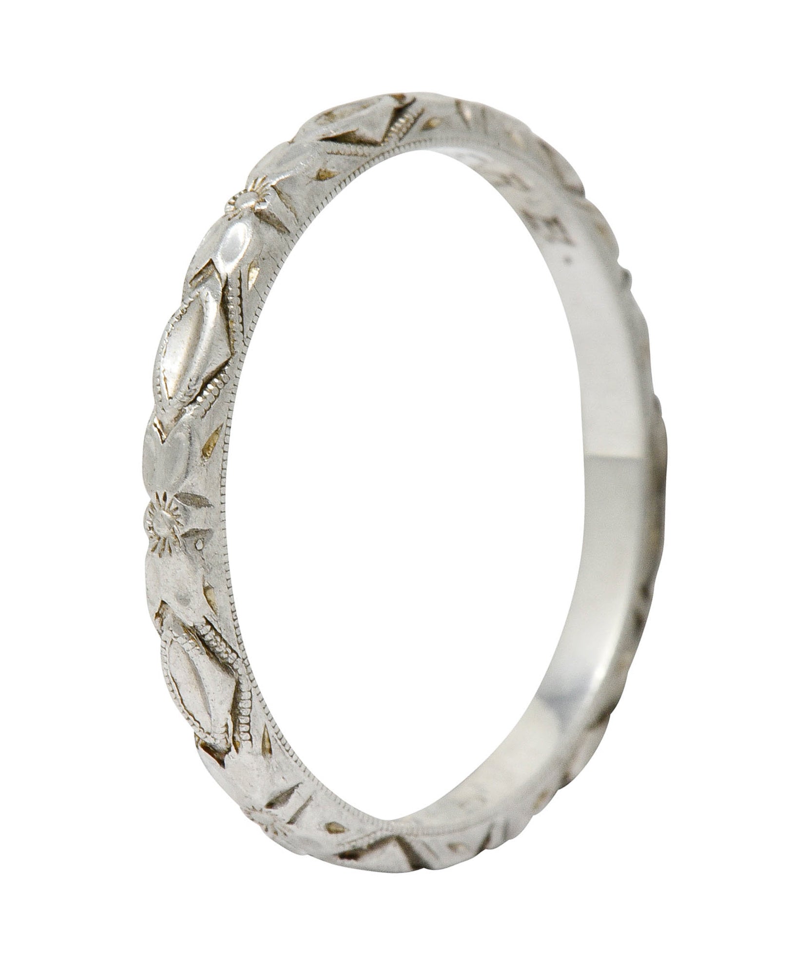 Art Deco Platinum Raised Flower Wedding Band Ring - Wilson's Estate Jewelry