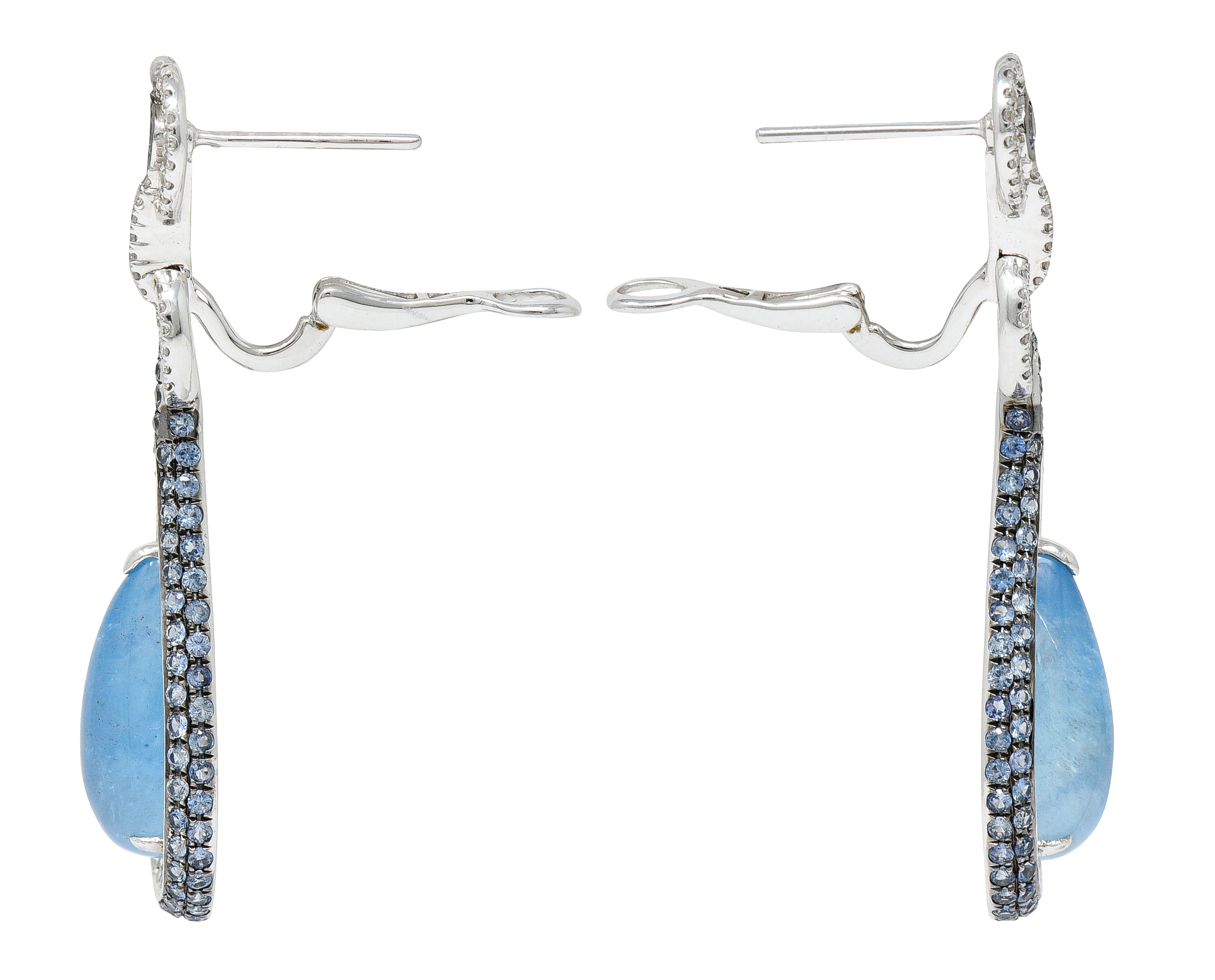 Contemporary 13.00 CTW Aquamarine Sapphire Diamond 18 Karat White Gold Drop Earrings Wilson's Estate Jewelry
