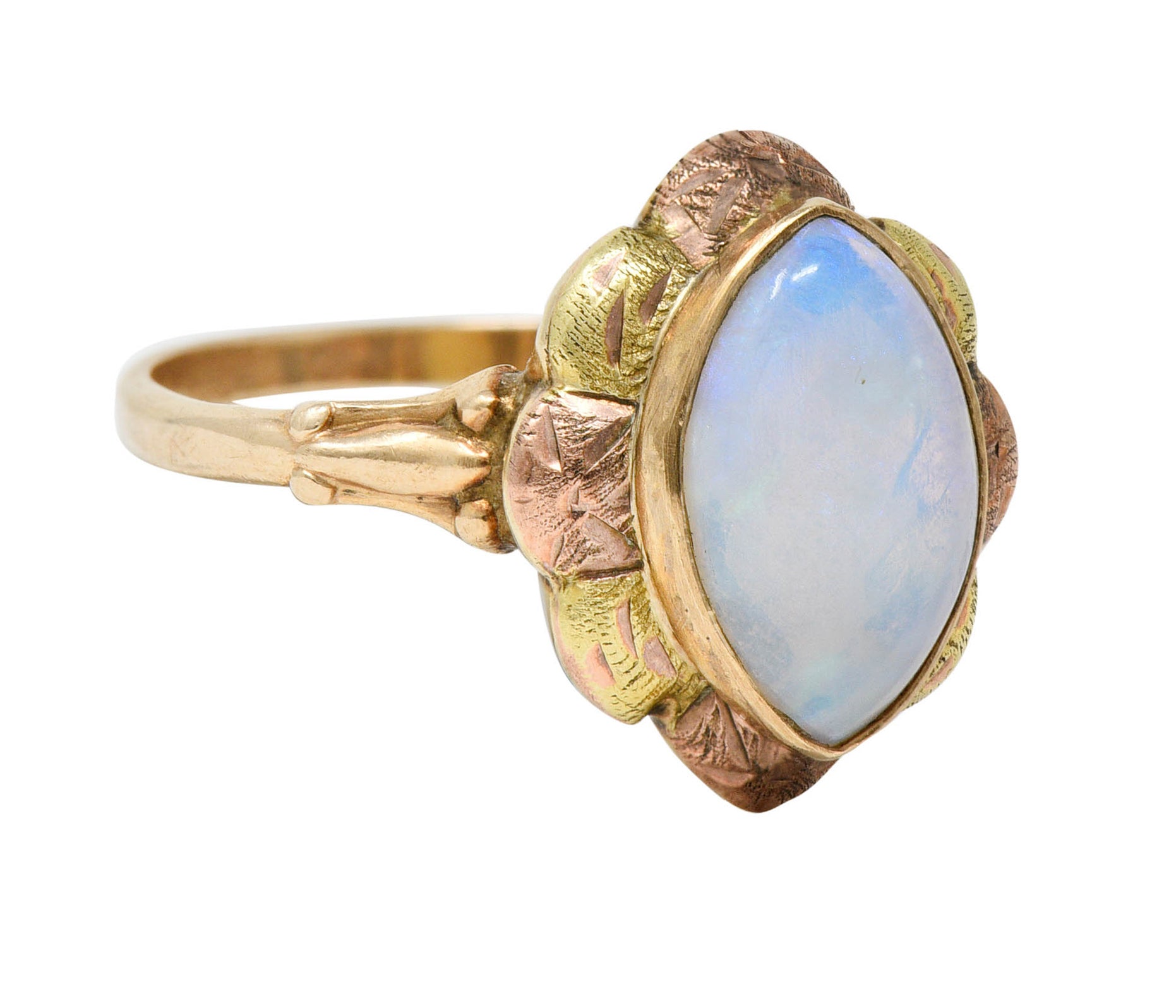 Esemco Vintage Victorian Revival Opal Tri-Colored 10 Karat Gold Navette RingRing - Wilson's Estate Jewelry