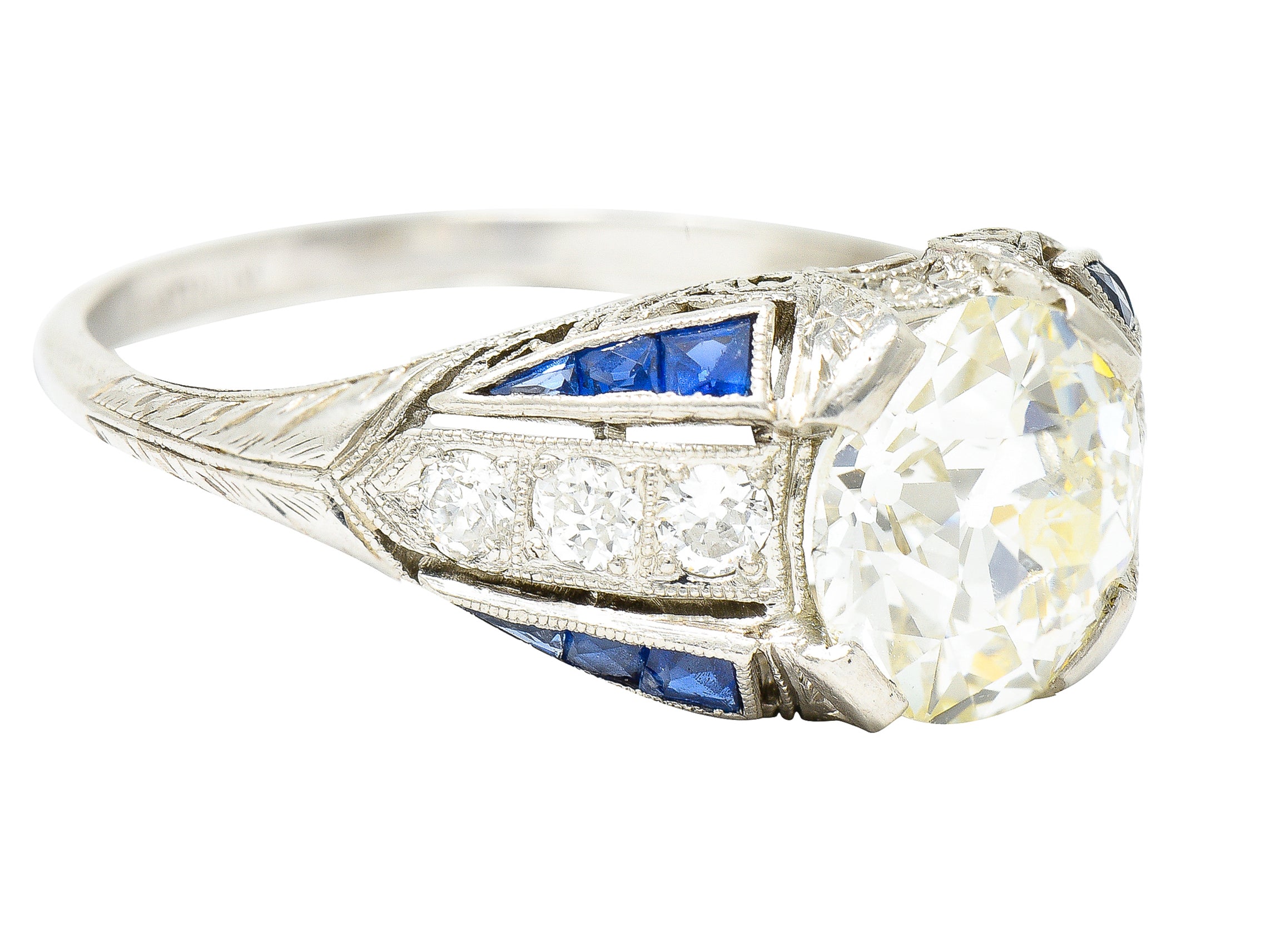 Art Deco 2.79 CTW Old European Cut Diamond Sapphire Platinum Scrolling Engagement Ring Wilson's Estate Jewelry