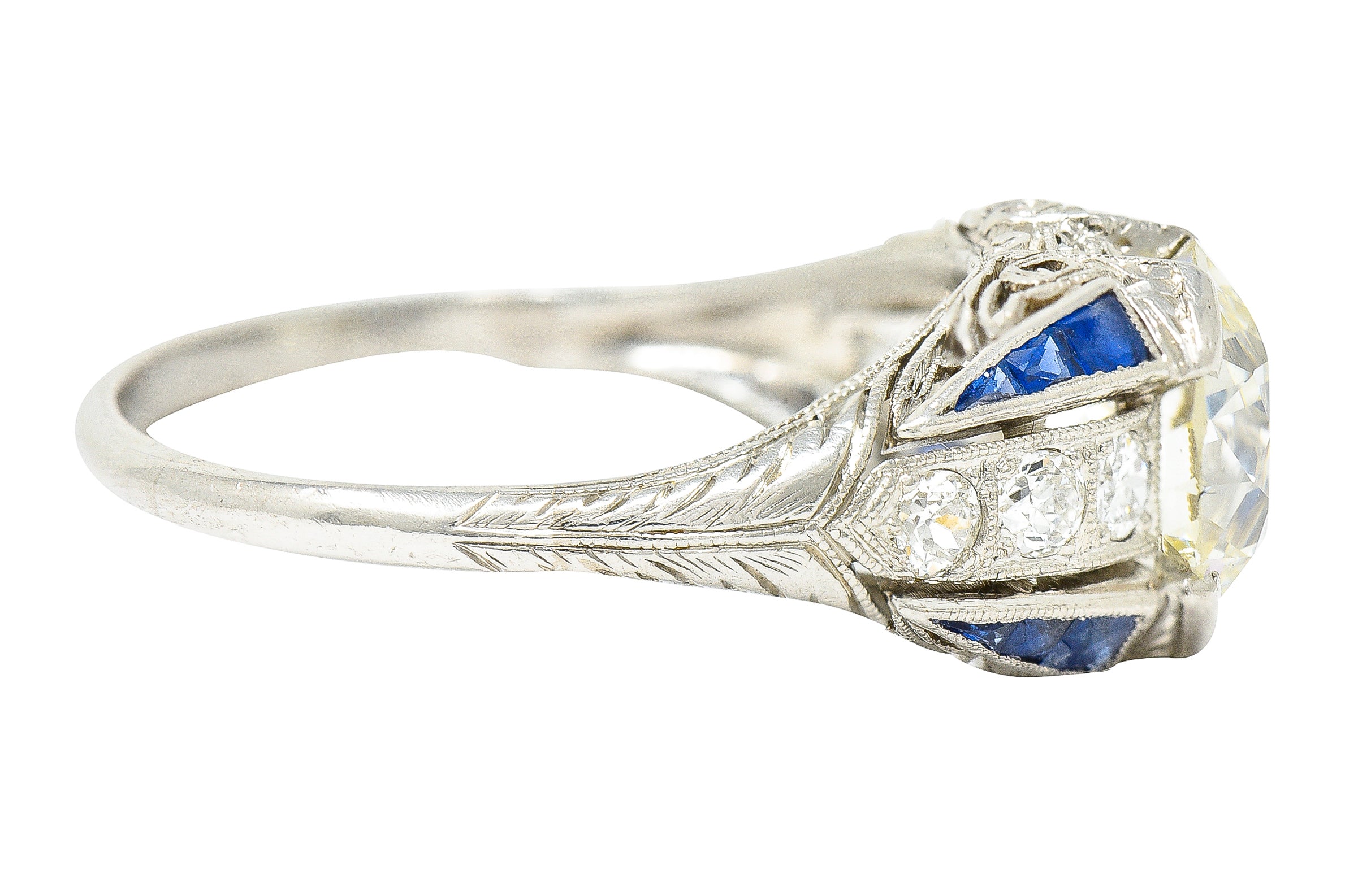 Art Deco 2.79 CTW Old European Cut Diamond Sapphire Platinum Scrolling Engagement Ring Wilson's Estate Jewelry