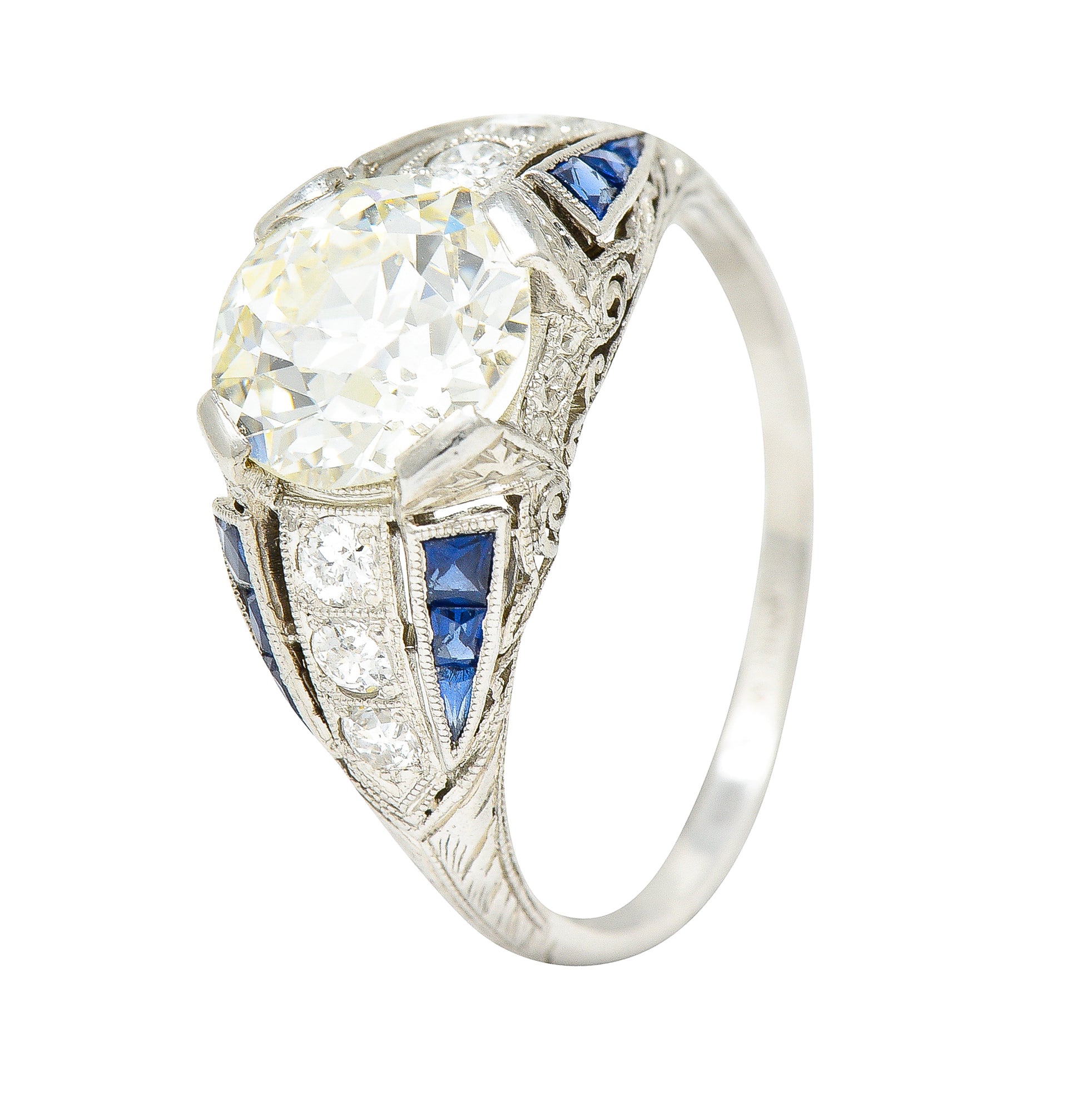 Art Deco 2.79 CTW Old European Cut Diamond Sapphire Platinum Scrolling Engagement Ring Wilson's Estate Jewelry