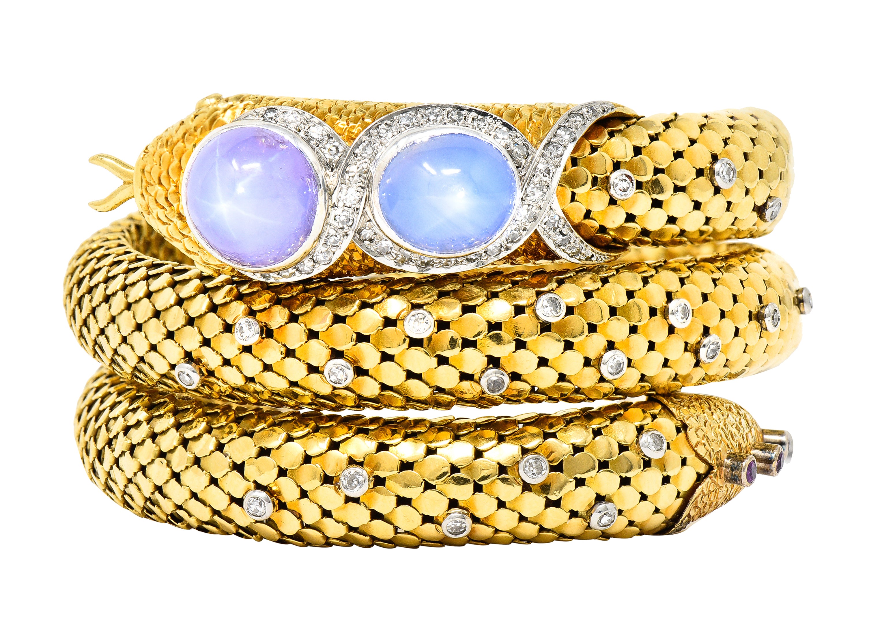 Mid-Century Star Sapphire Ruby Diamond Platinum 14 Karat Yellow Gold Snake Vintage Wrap Bracelet Wilson's Estate Jewelry