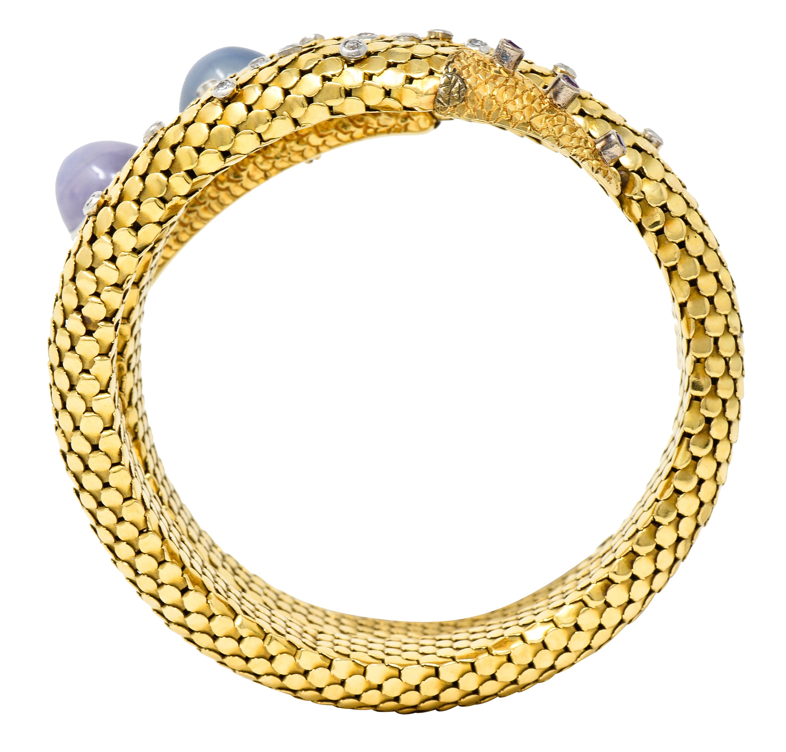 Mid-Century Star Sapphire Ruby Diamond Platinum 14 Karat Yellow Gold Snake Vintage Wrap Bracelet Wilson's Estate Jewelry