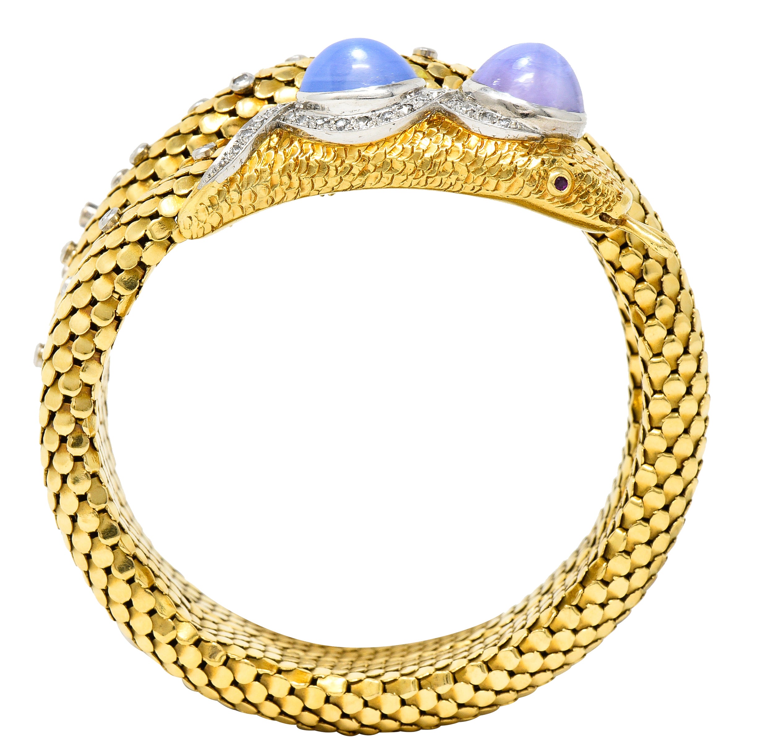 Mid-Century Star Sapphire Ruby Diamond Platinum 14 Karat Yellow Gold Snake Vintage Wrap Bracelet Wilson's Estate Jewelry