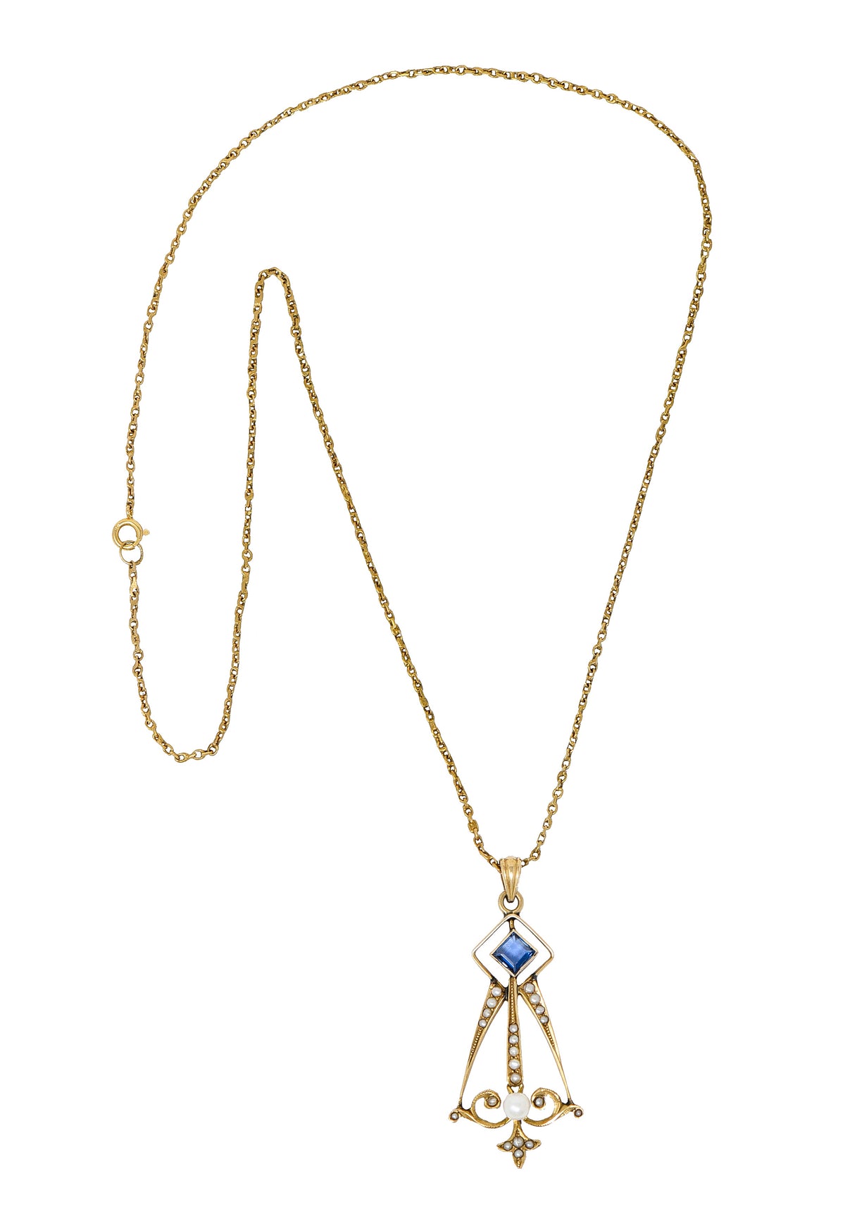 Art Nouveau Sapphire Pearl 14 Karat Gold Pendant NecklaceNecklace - Wilson's Estate Jewelry