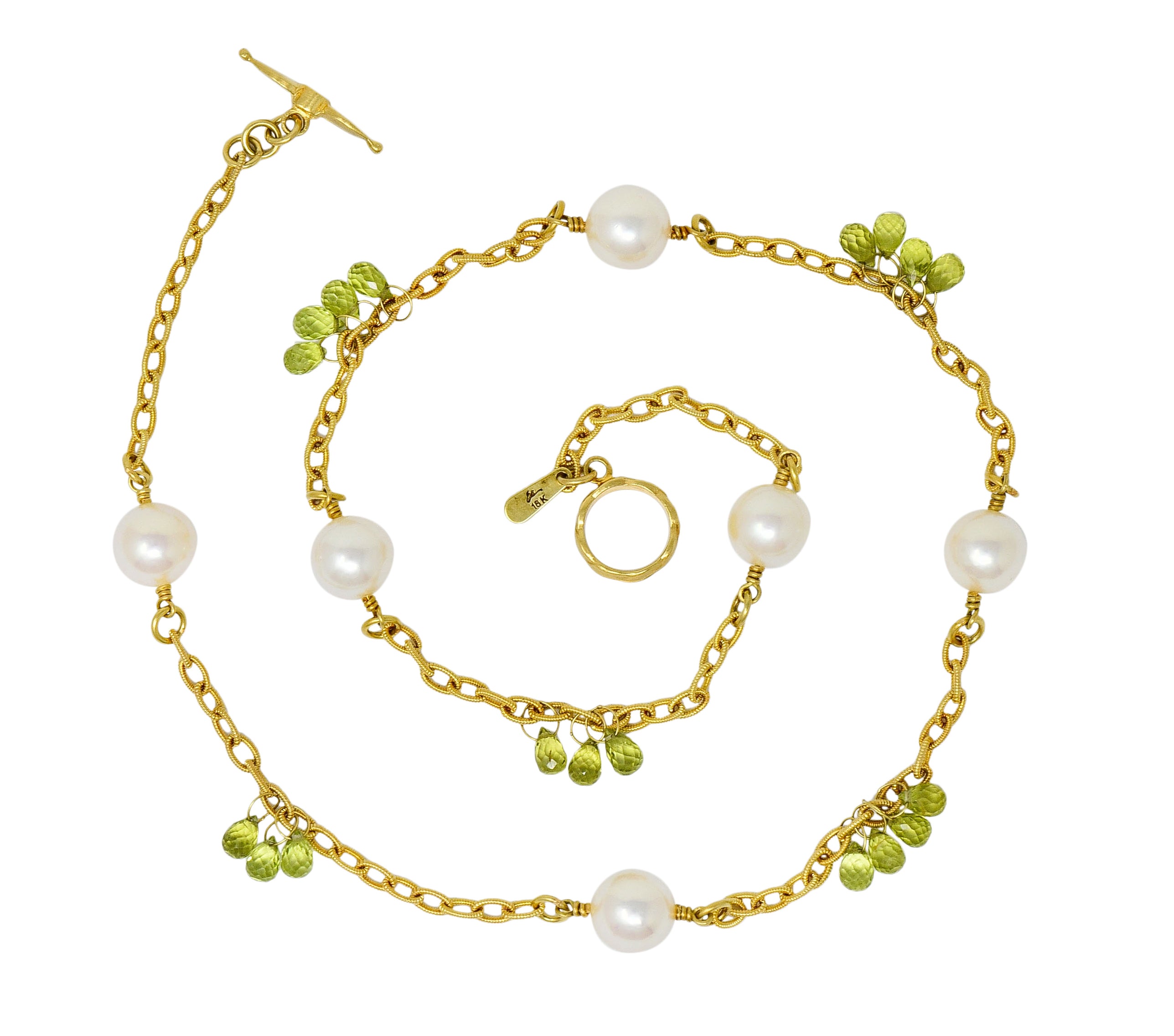 Contemporary Cultured Pearl Peridot 18 Karat Gold Station Necklace - Wilson's Estate Jewelry