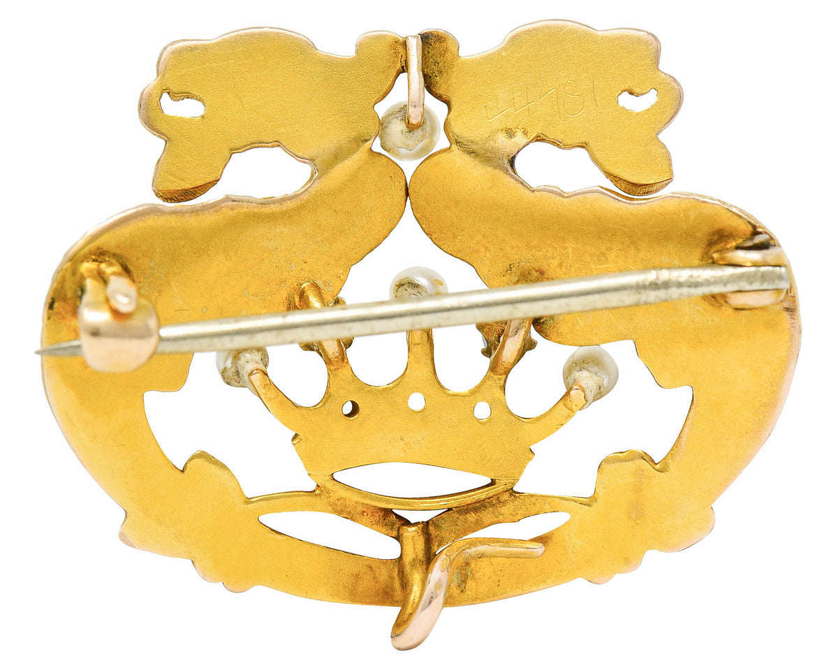 Art Nouveau 14 Karat Gold Opal Pearl Winged Griffin Crown Brooch Watch PinBrooch - Wilson's Estate Jewelry