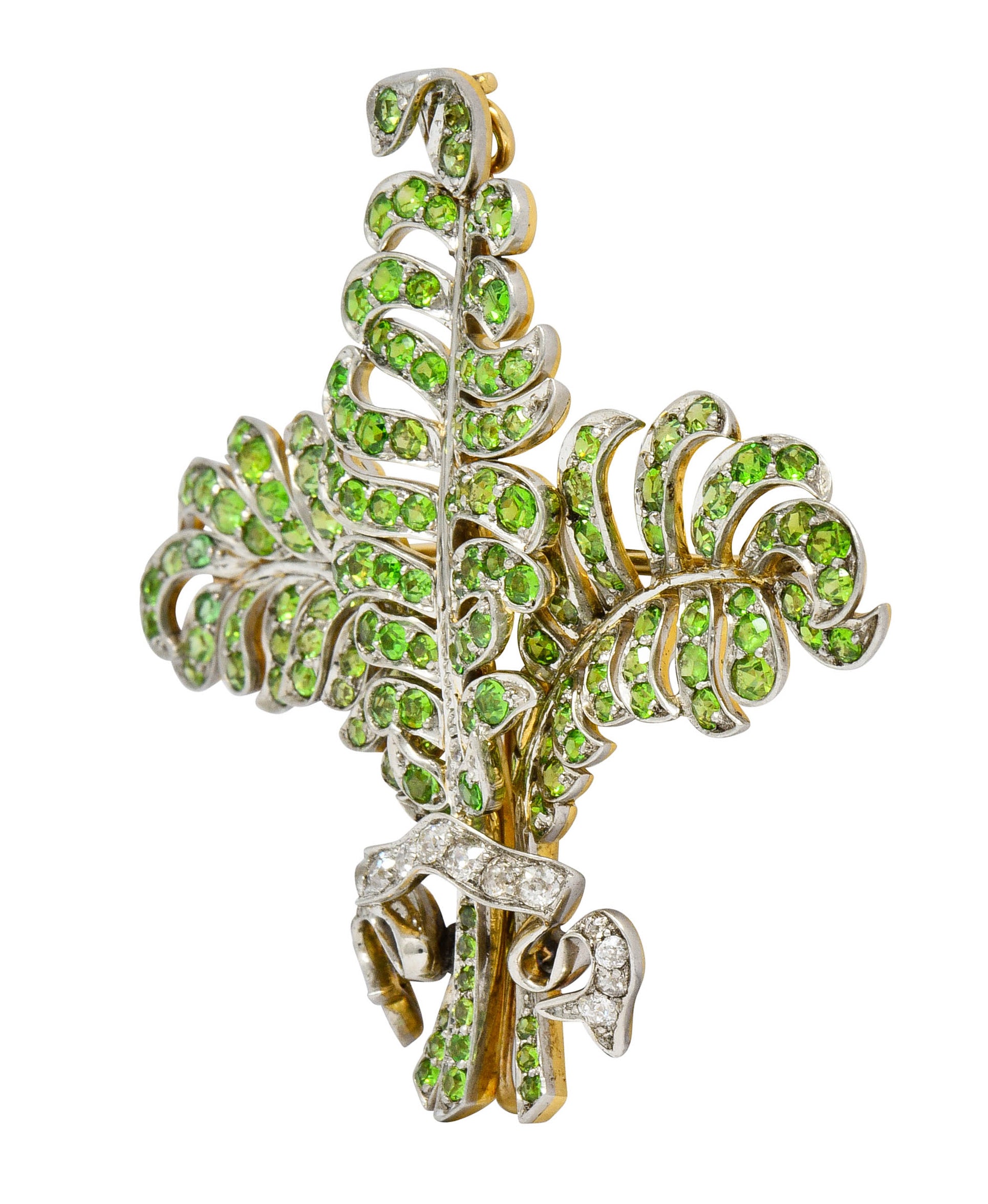 T.B. Starr Demantoid Garnet Diamond Platinum 18 Karat Gold Fern Edwardian Pendant BroochBrooch - Wilson's Estate Jewelry