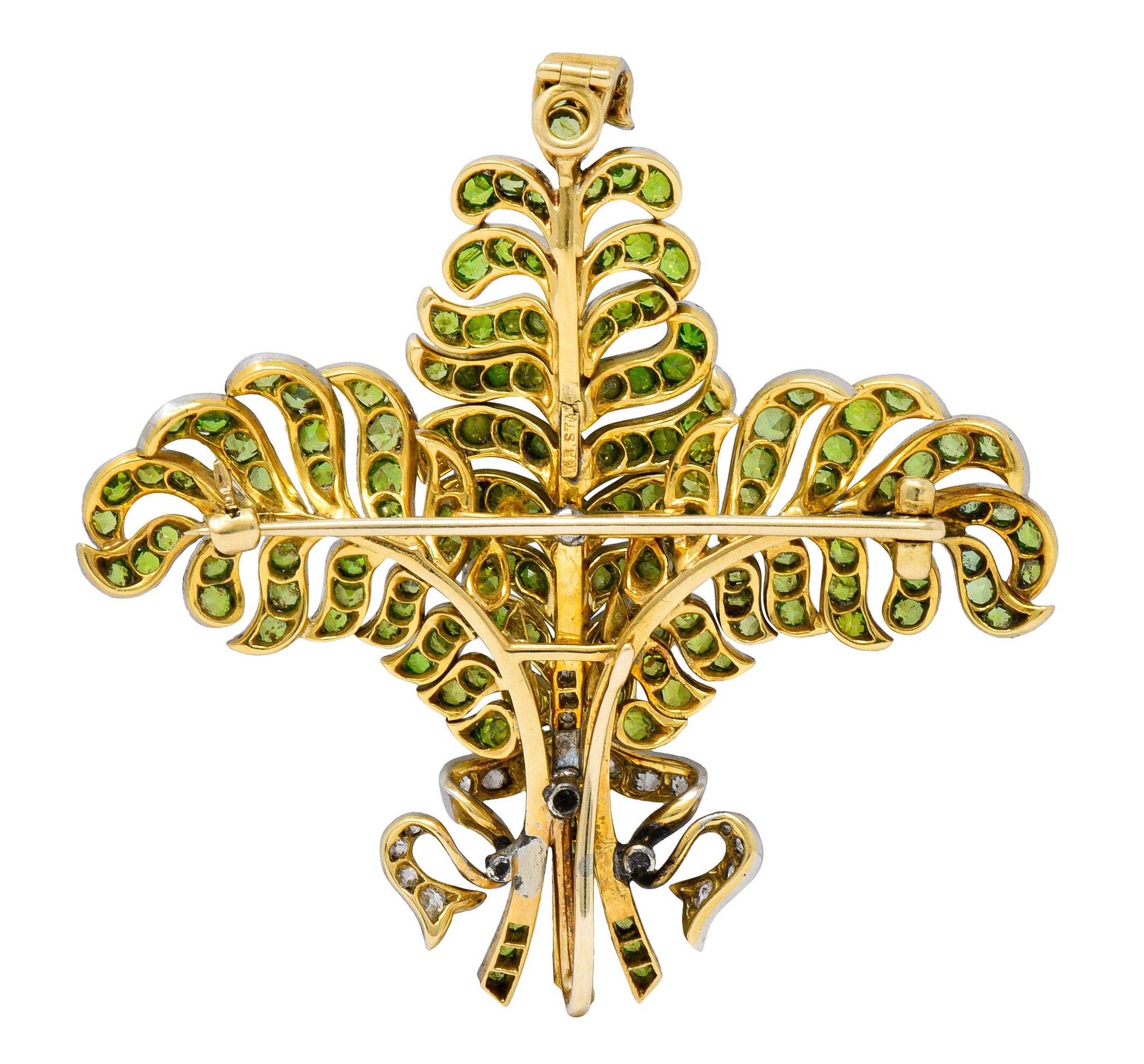 T.B. Starr Demantoid Garnet Diamond Platinum 18 Karat Gold Fern Edwardian Pendant BroochBrooch - Wilson's Estate Jewelry