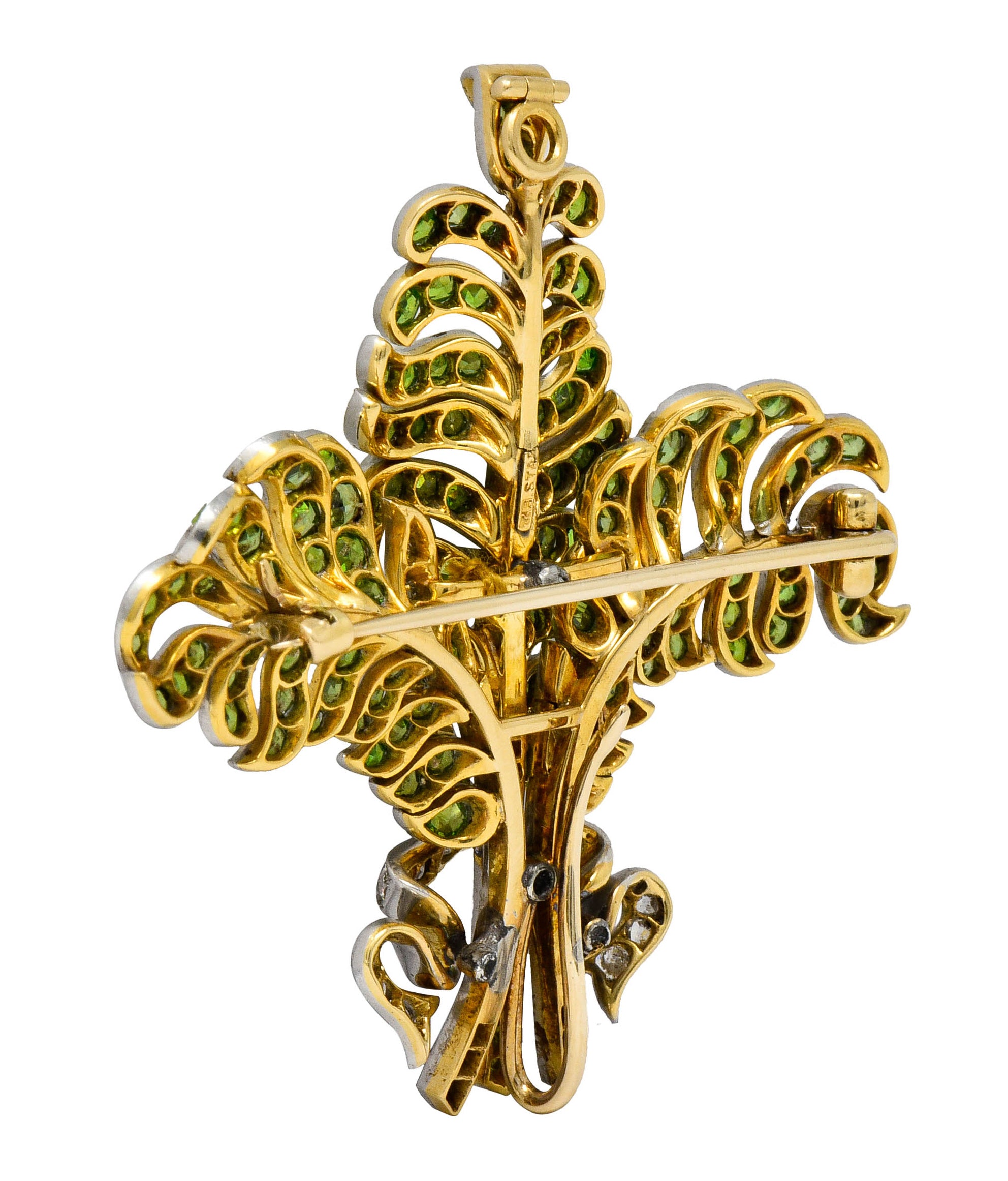 T.B. Starr Demantoid Garnet Diamond Platinum 18 Karat Gold Fern Edwardian Pendant BroochBrooch - Wilson's Estate Jewelry