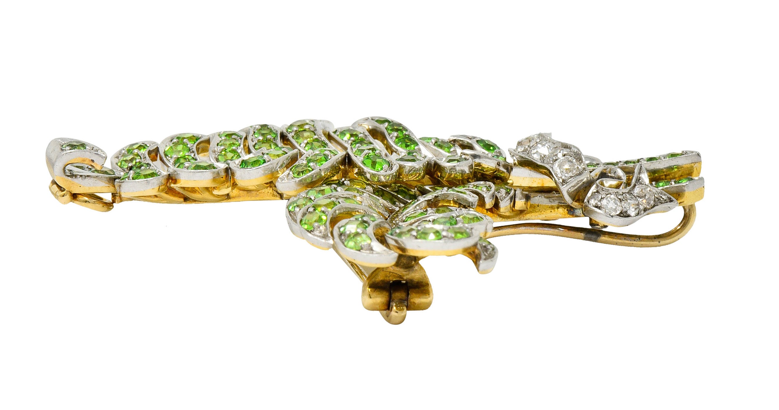 T.B. Starr Demantoid Garnet Diamond Platinum 18 Karat Gold Fern Edwardian Pendant BroochBrooch - Wilson's Estate Jewelry
