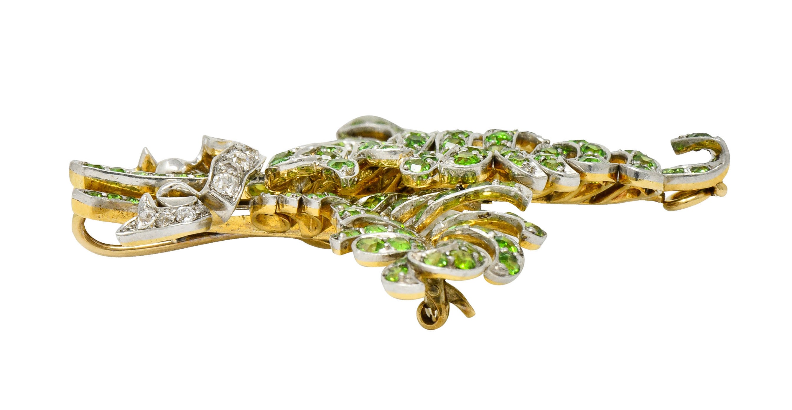 T.B. Starr Demantoid Garnet Diamond Platinum 18 Karat Gold Fern Edwardian Pendant BroochBrooch - Wilson's Estate Jewelry