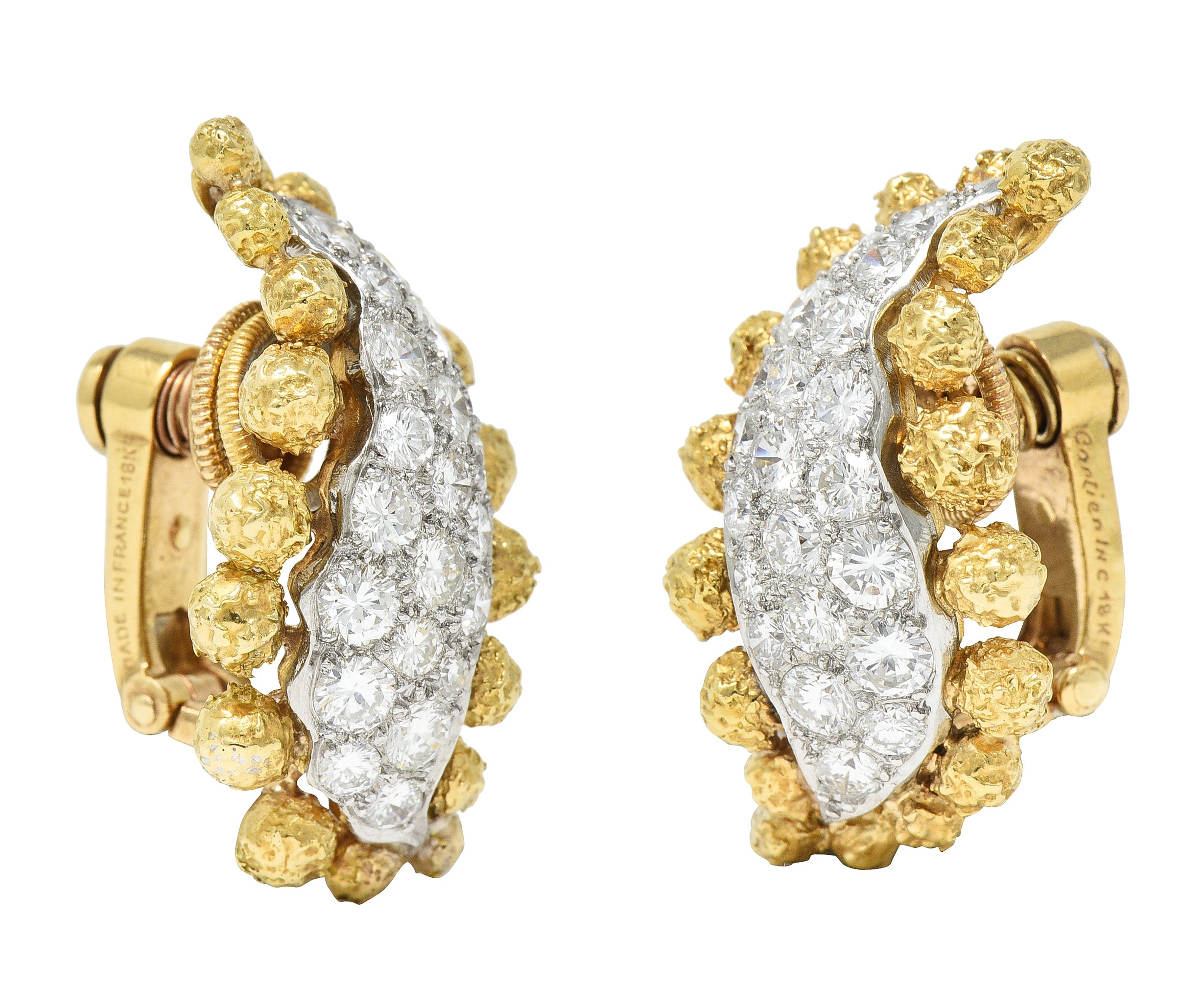 1960's Cartier 2.36 CTW Pave Diamond Platinum 18 Karat Yellow Gold Ear-Clip Earrings Wilson's Estate Jewelry