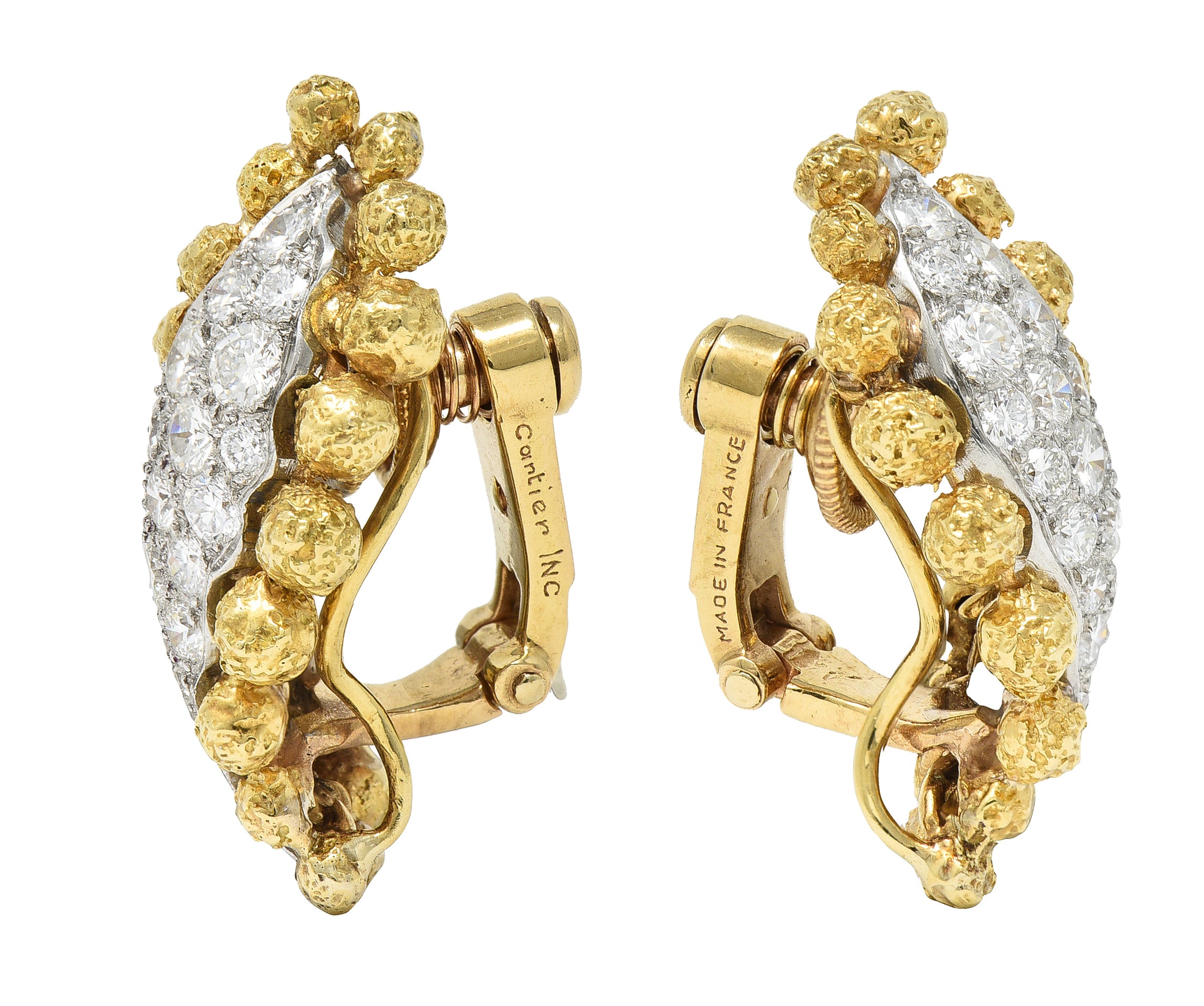 1960's Cartier 2.36 CTW Pave Diamond Platinum 18 Karat Yellow Gold Ear-Clip Earrings Wilson's Estate Jewelry