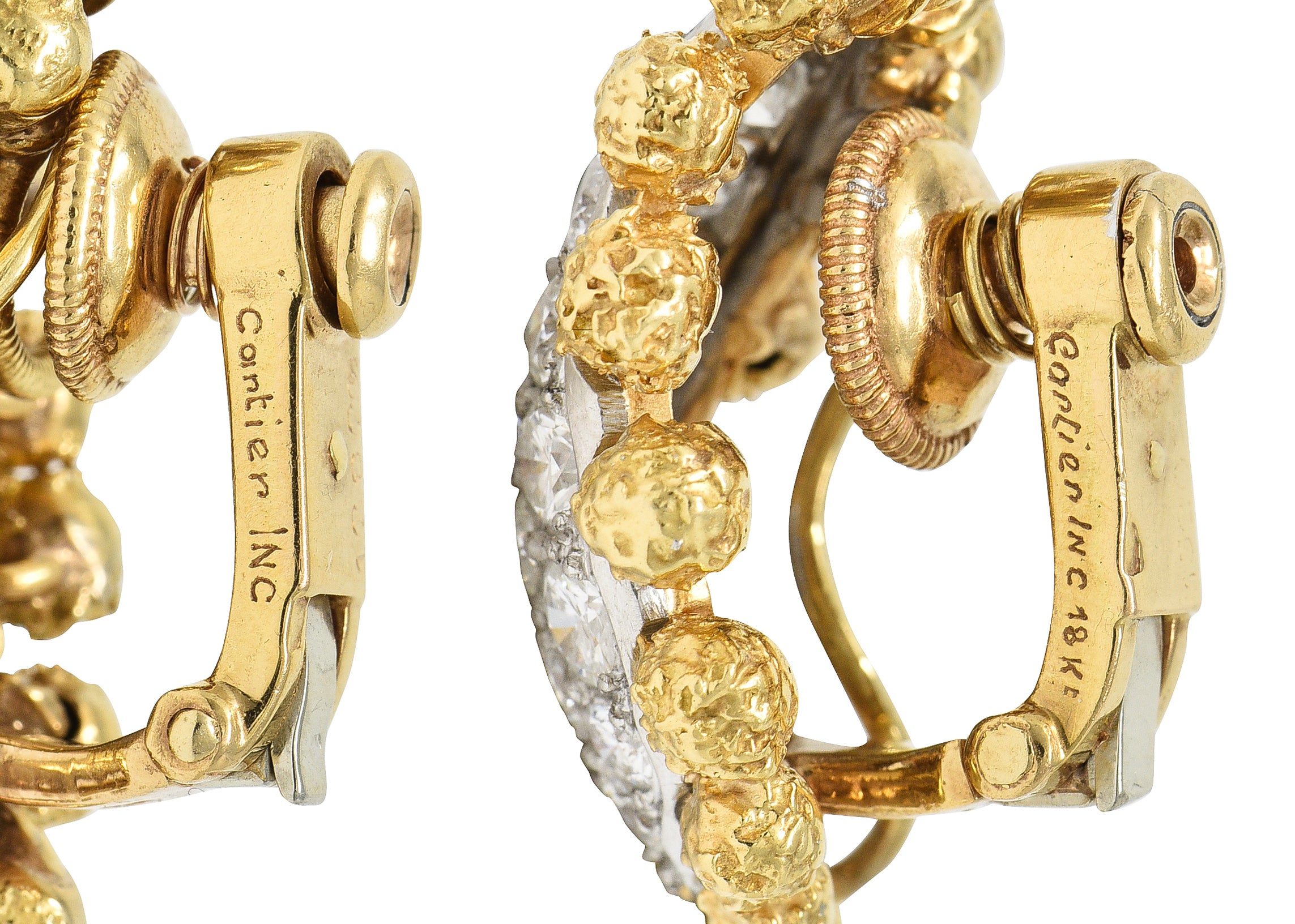 1960's Cartier 2.36 CTW Pave Diamond Platinum 18 Karat Yellow Gold Ear-Clip Earrings Wilson's Estate Jewelry