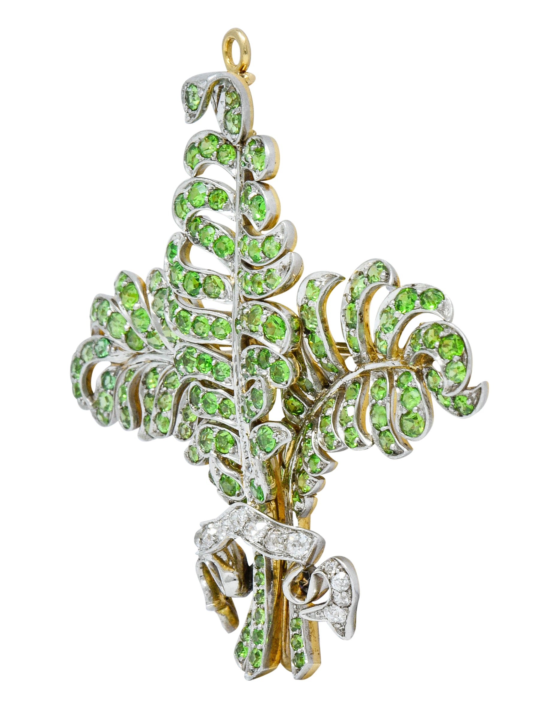 T.B. Starr Demantoid Garnet Diamond Platinum 18 Karat Gold Fern Edwardian Pendant BroochBrooch - Wilson's Estate Jewelry