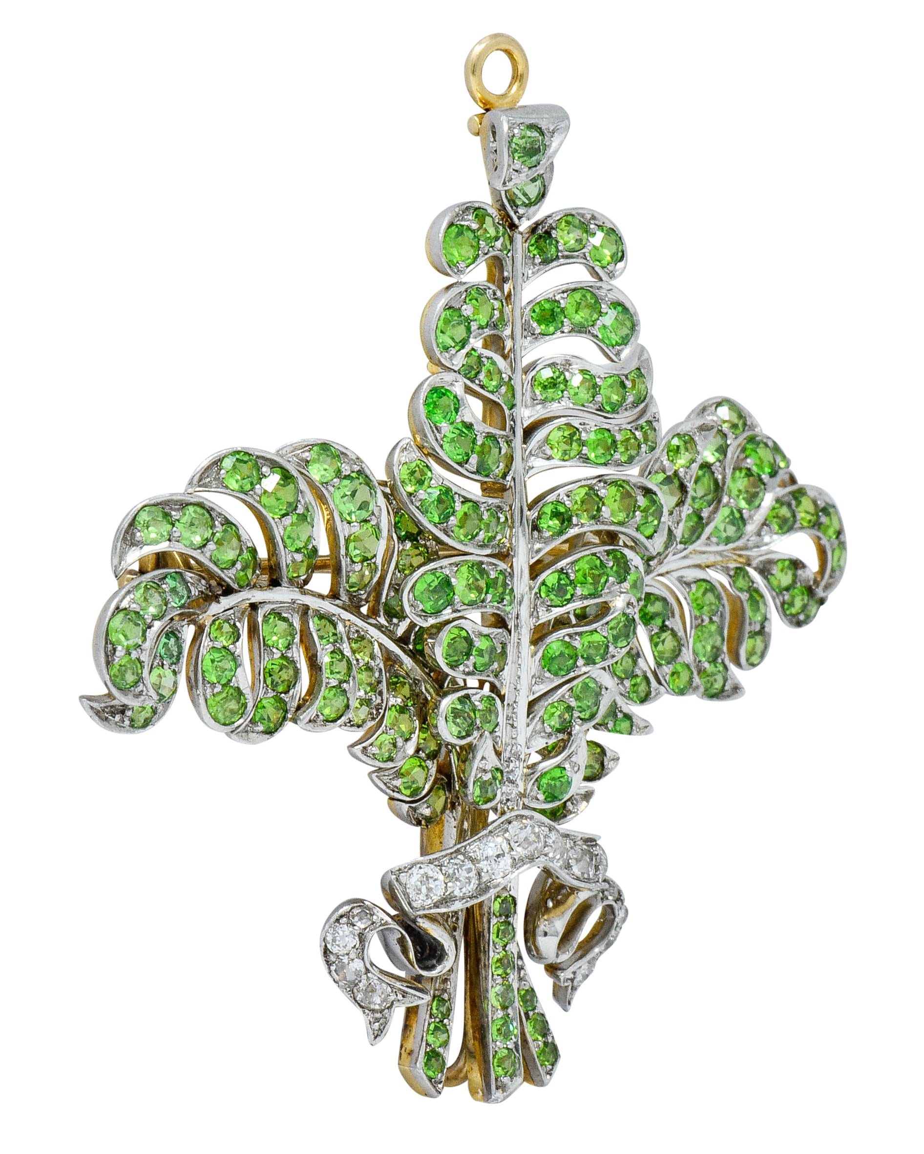 T.B. Starr Demantoid Garnet Diamond Platinum 18 Karat Gold Fern Edwardian Pendant BroochBrooch - Wilson's Estate Jewelry
