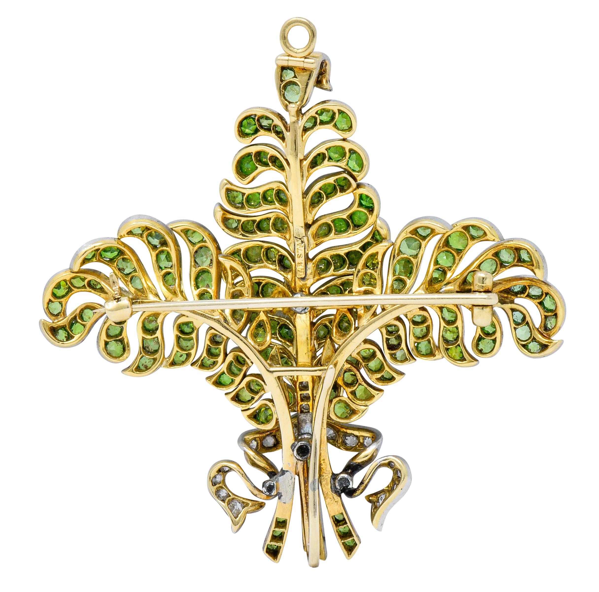 T.B. Starr Demantoid Garnet Diamond Platinum 18 Karat Gold Fern Edwardian Pendant BroochBrooch - Wilson's Estate Jewelry