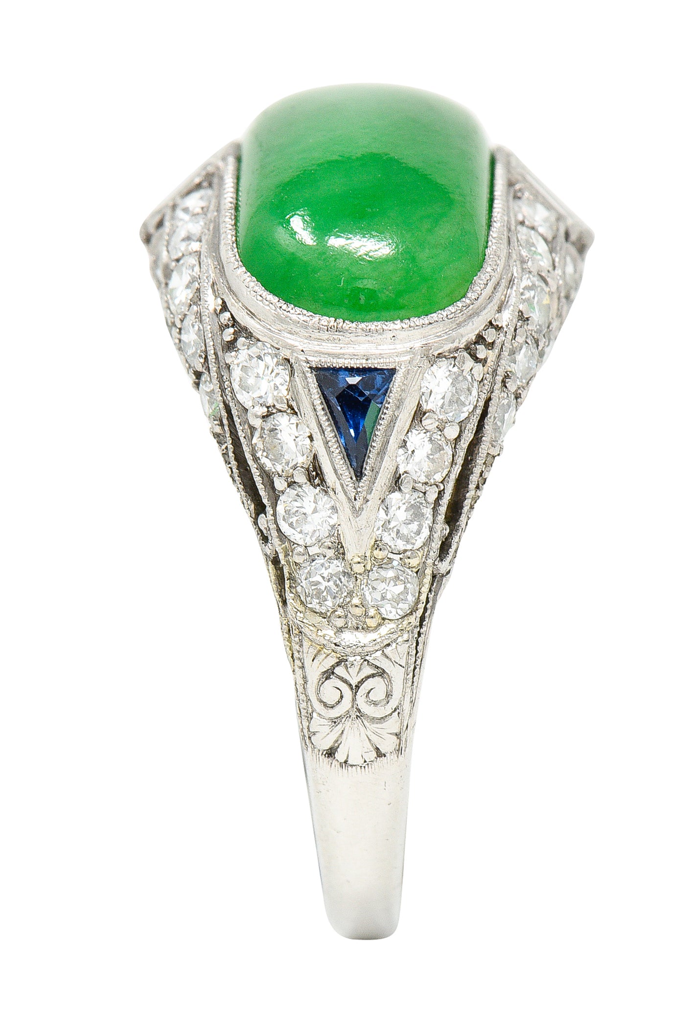 1930's Art Deco Jadeite Jade Sapphire Diamond Platinum Band Ring GIA Wilson's Estate Jewelry