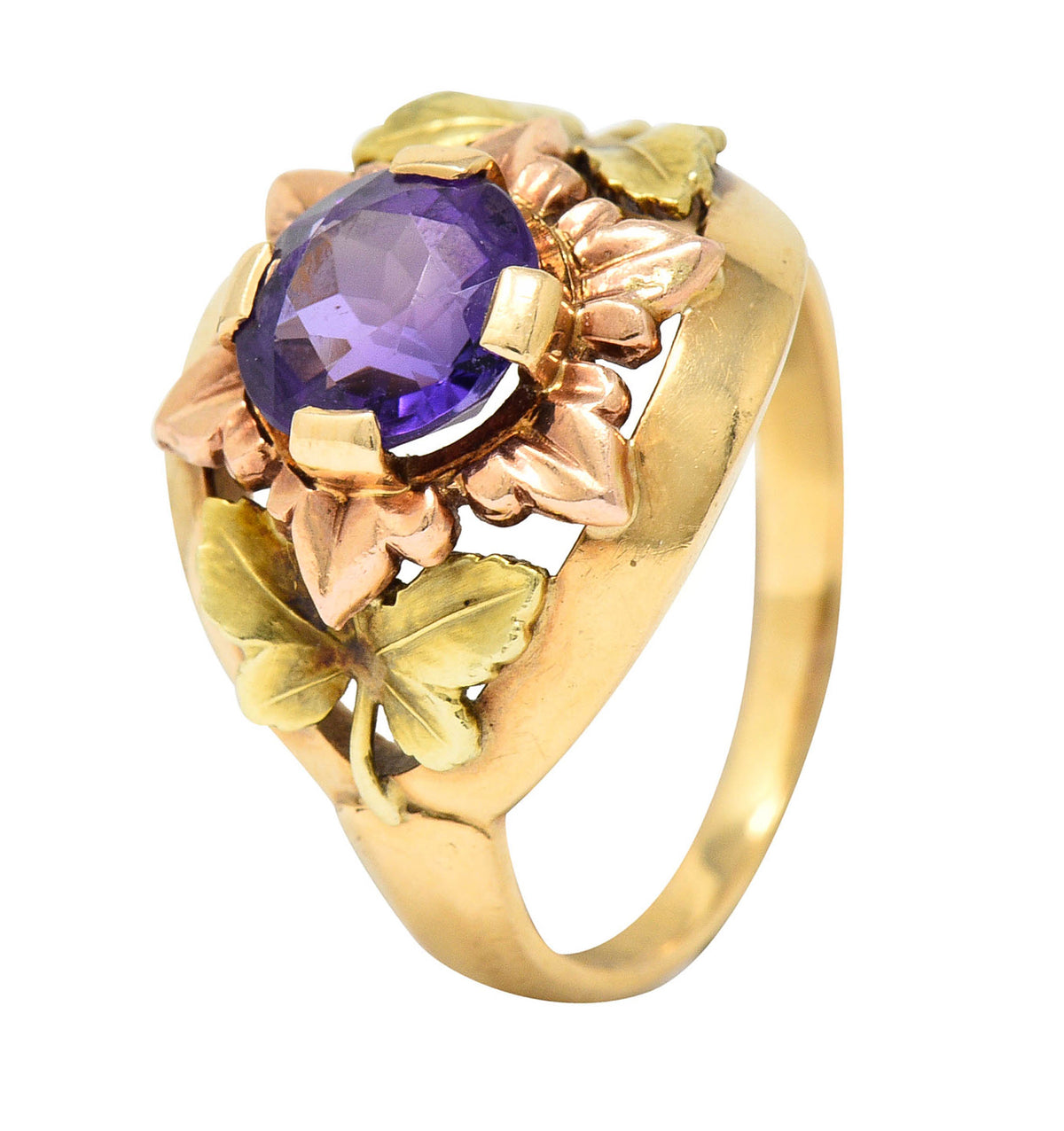Jones & Woodland Amethyst 14 Karat Tri-Colored Gold Foliate Band RingRing - Wilson's Estate Jewelry