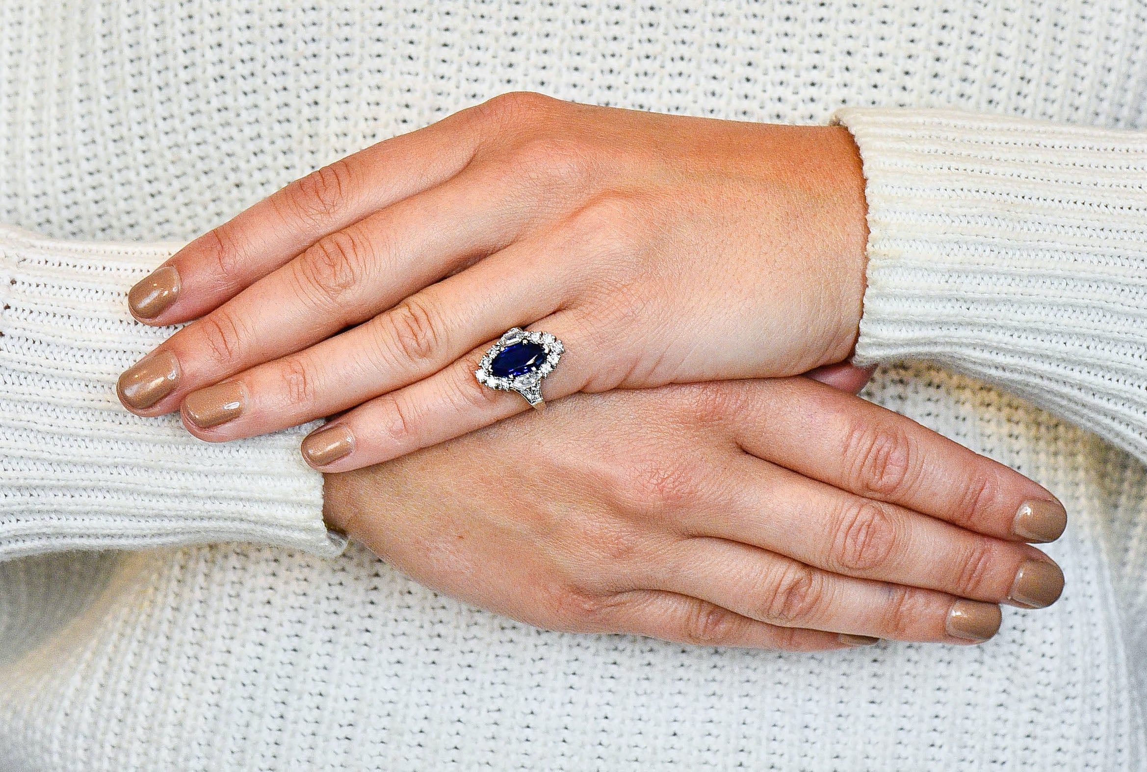 Tiffany & Co. No Heat Sapphire Diamond Platinum Navette Cluster Ring AGLRing - Wilson's Estate Jewelry