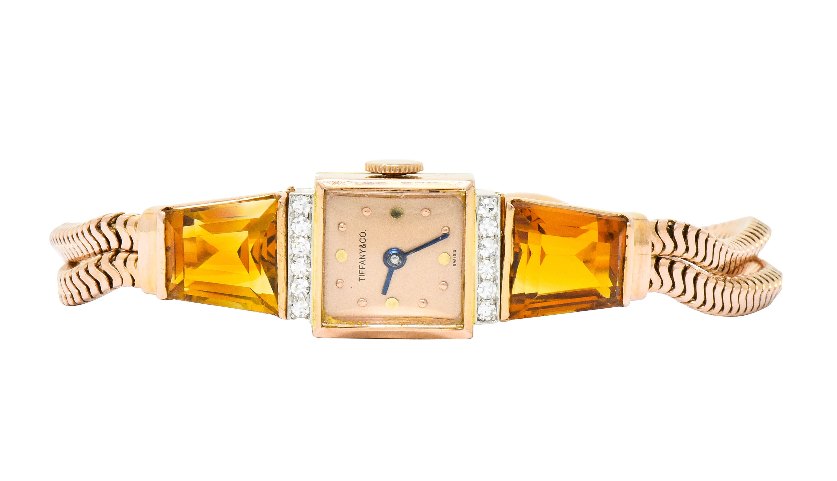 Tiffany & Co. Retro Citrine Diamond 14 Karat Rose Gold Watch Bracelet - Wilson's Estate Jewelry