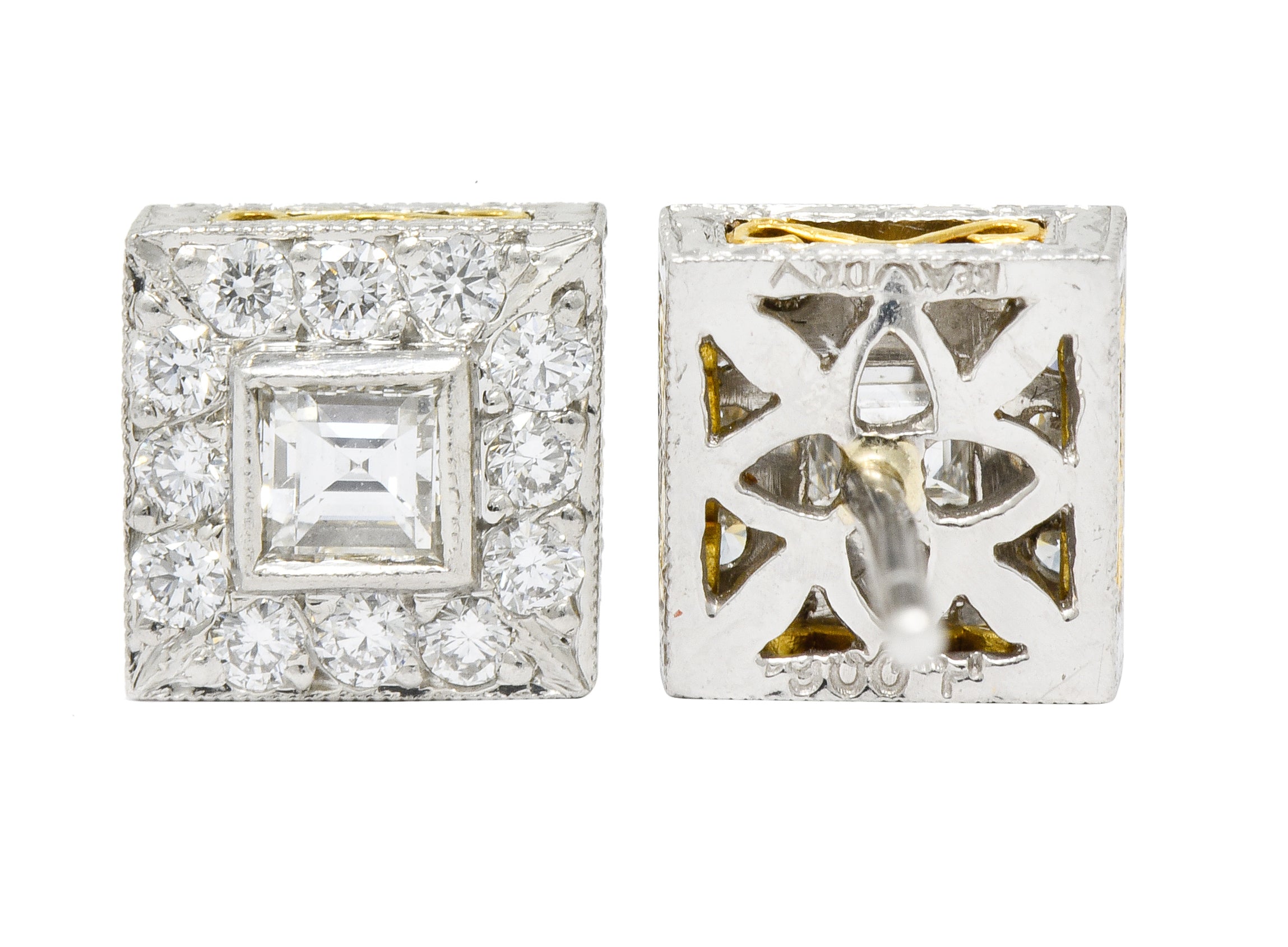 Michael Beaudry Diamond Platinum 18 Karat Gold Square Halo Stud Earrings - Wilson's Estate Jewelry
