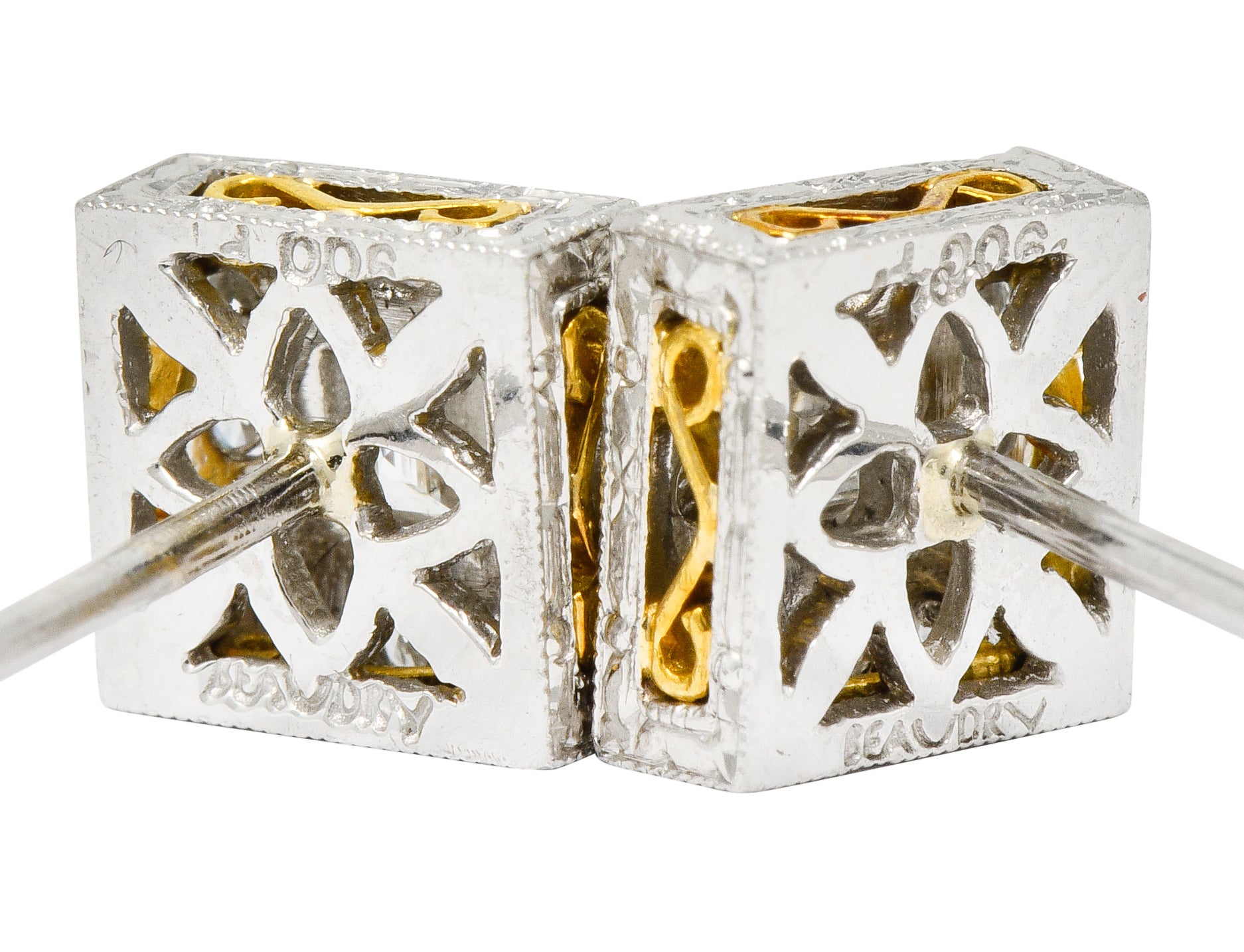 Michael Beaudry Diamond Platinum 18 Karat Gold Square Halo Stud Earrings - Wilson's Estate Jewelry