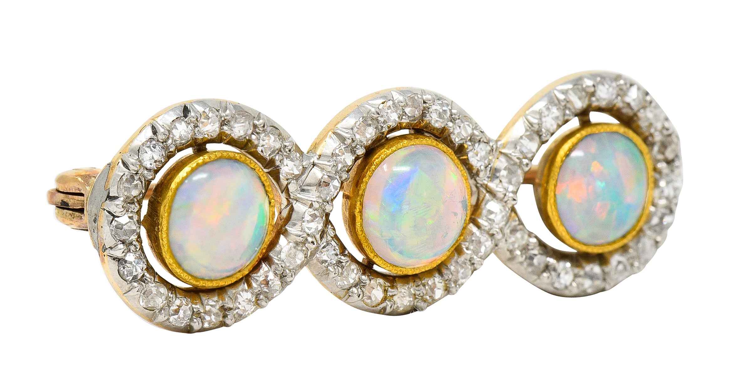 Edwardian Opal 1.00 CTW Diamond Platinum-Topped 18 Karat Gold Infinity Brooch Wilson's Estate Jewelry