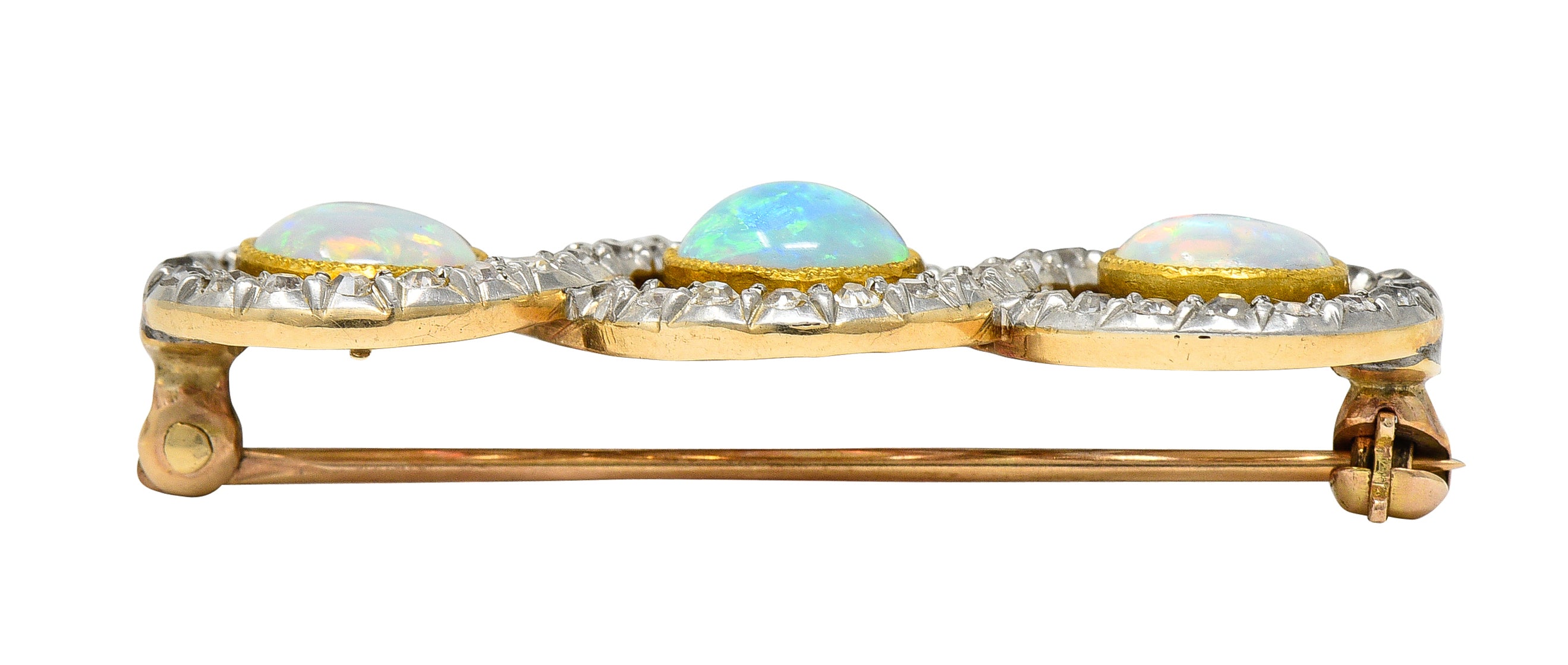 Edwardian Opal 1.00 CTW Diamond Platinum-Topped 18 Karat Gold Infinity Brooch Wilson's Estate Jewelry