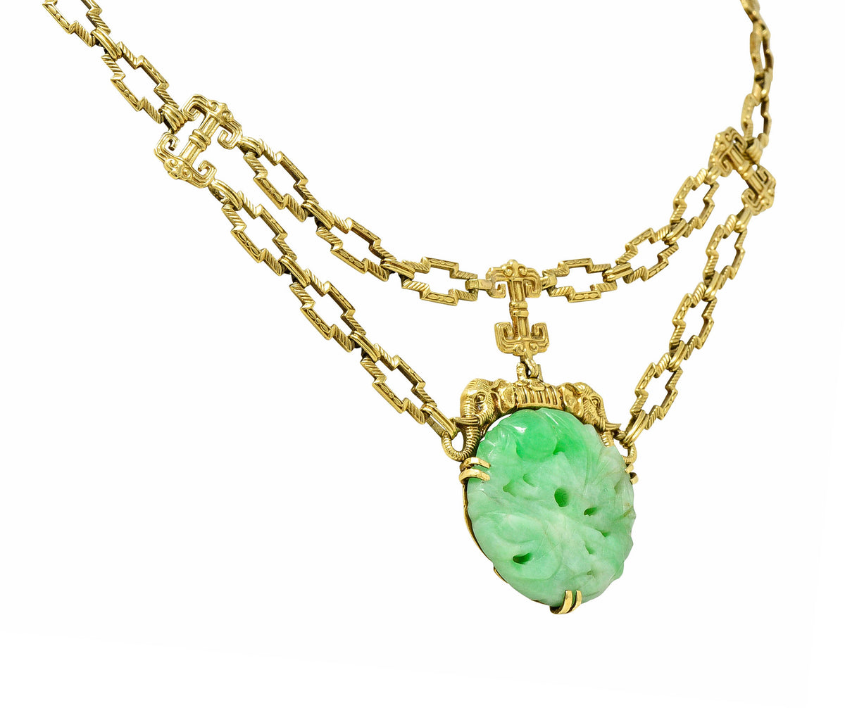 1920's Art Deco Carved Jade 14 Karat Gold Swag NecklaceNecklace - Wilson's Estate Jewelry