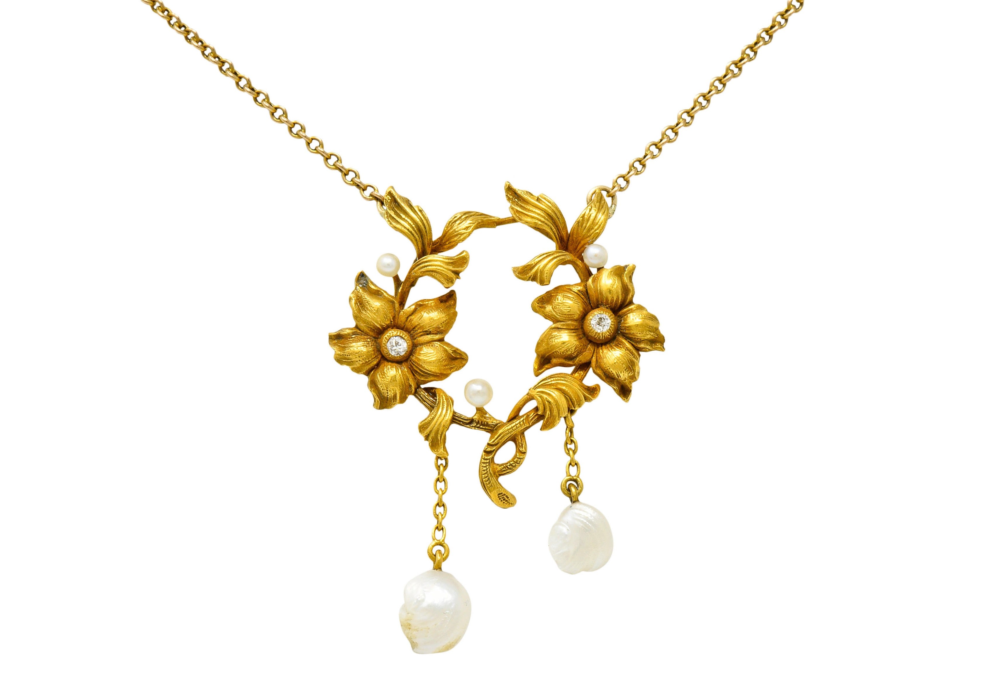 Art Nouveau Pearl Diamond 18 Karat Gold Floral NecklaceNecklace - Wilson's Estate Jewelry